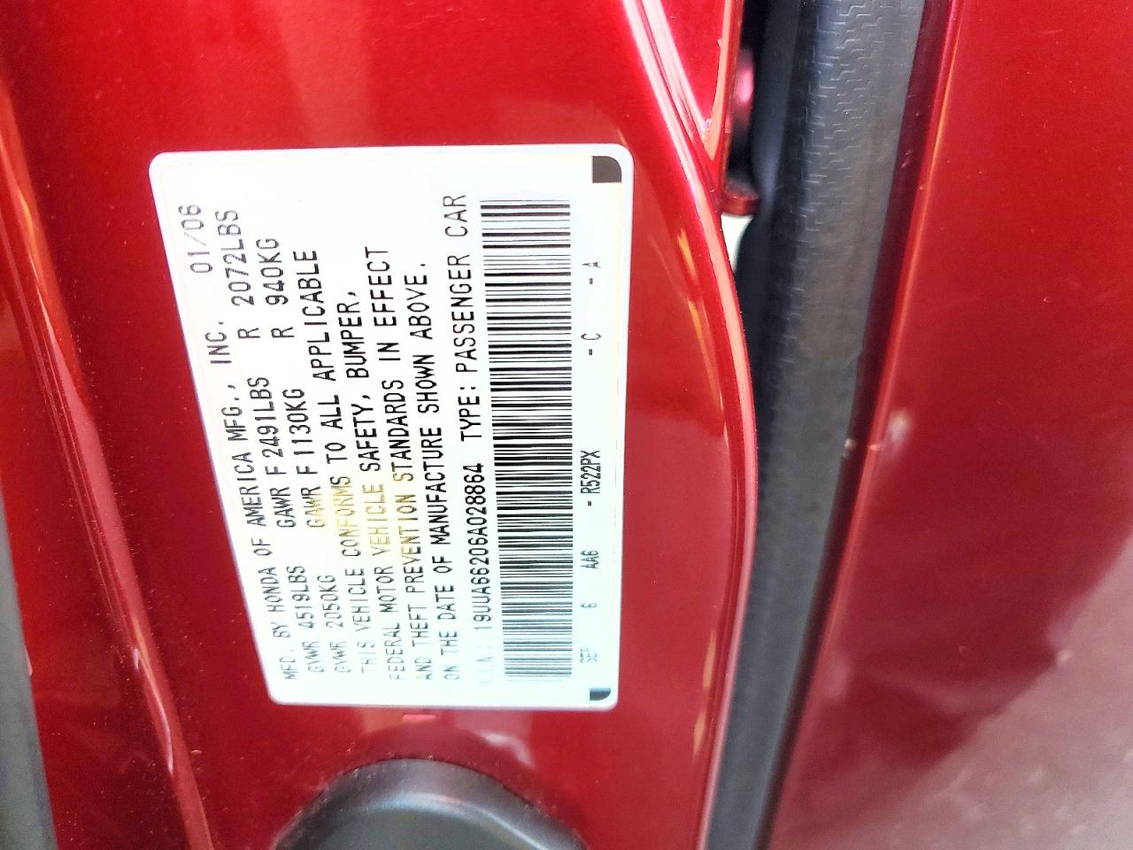 2006 Acura 3.2tl Burgundy vin: 19UUA66206A028864