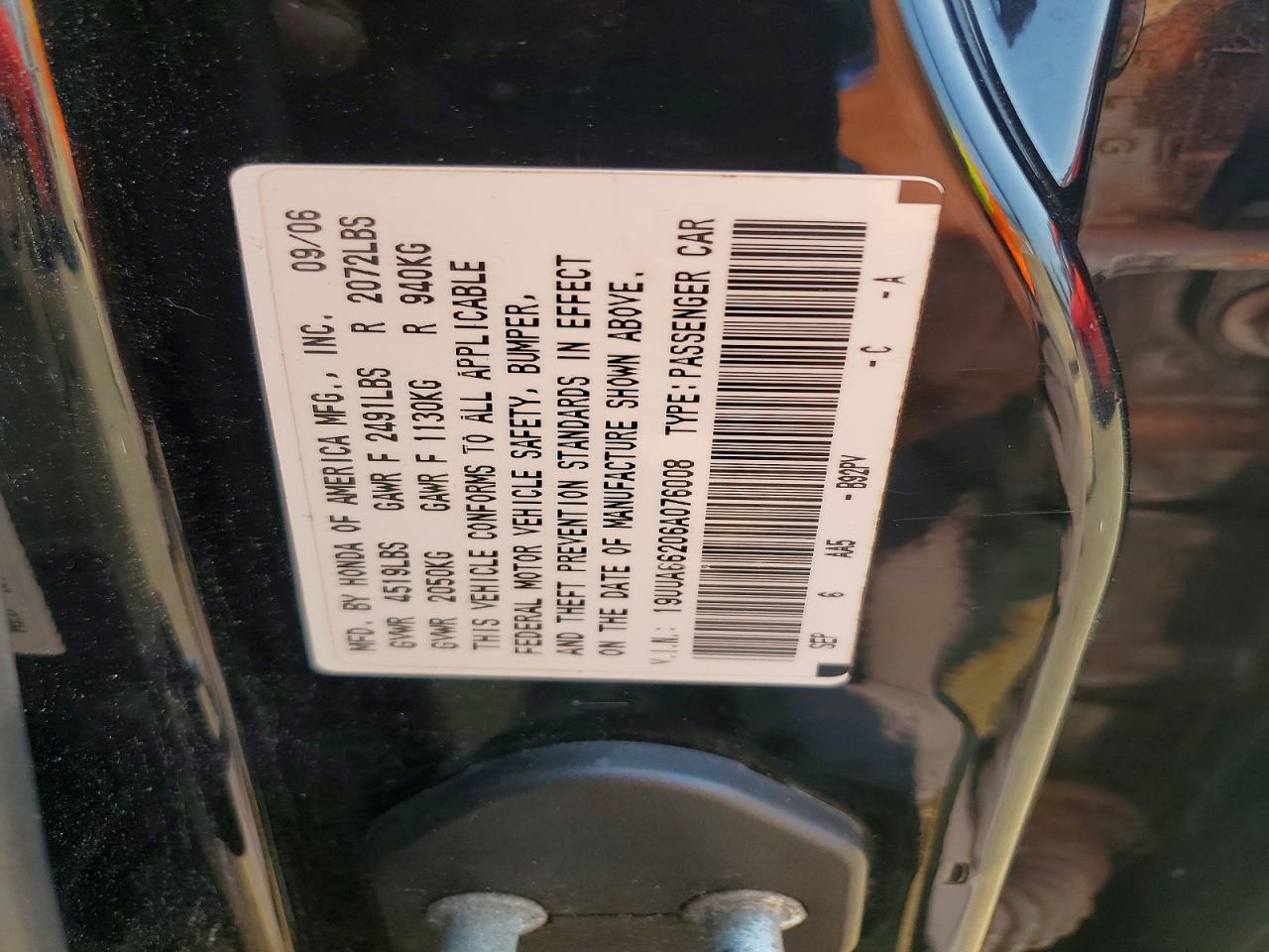 2006 Acura 3.2tl Black vin: 19UUA66206A076008