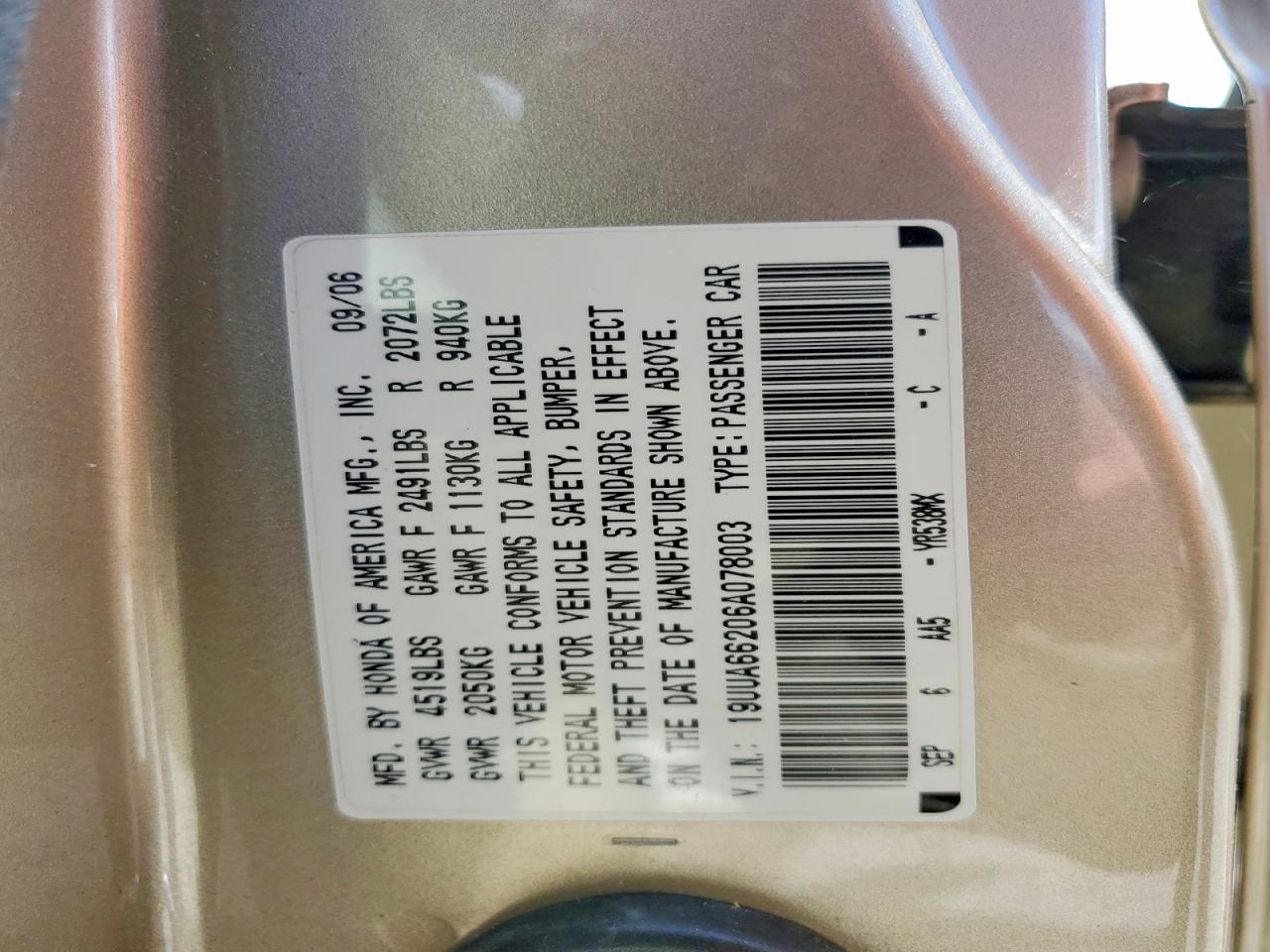 2006 Acura 3.2tl Gold vin: 19UUA66206A078003
