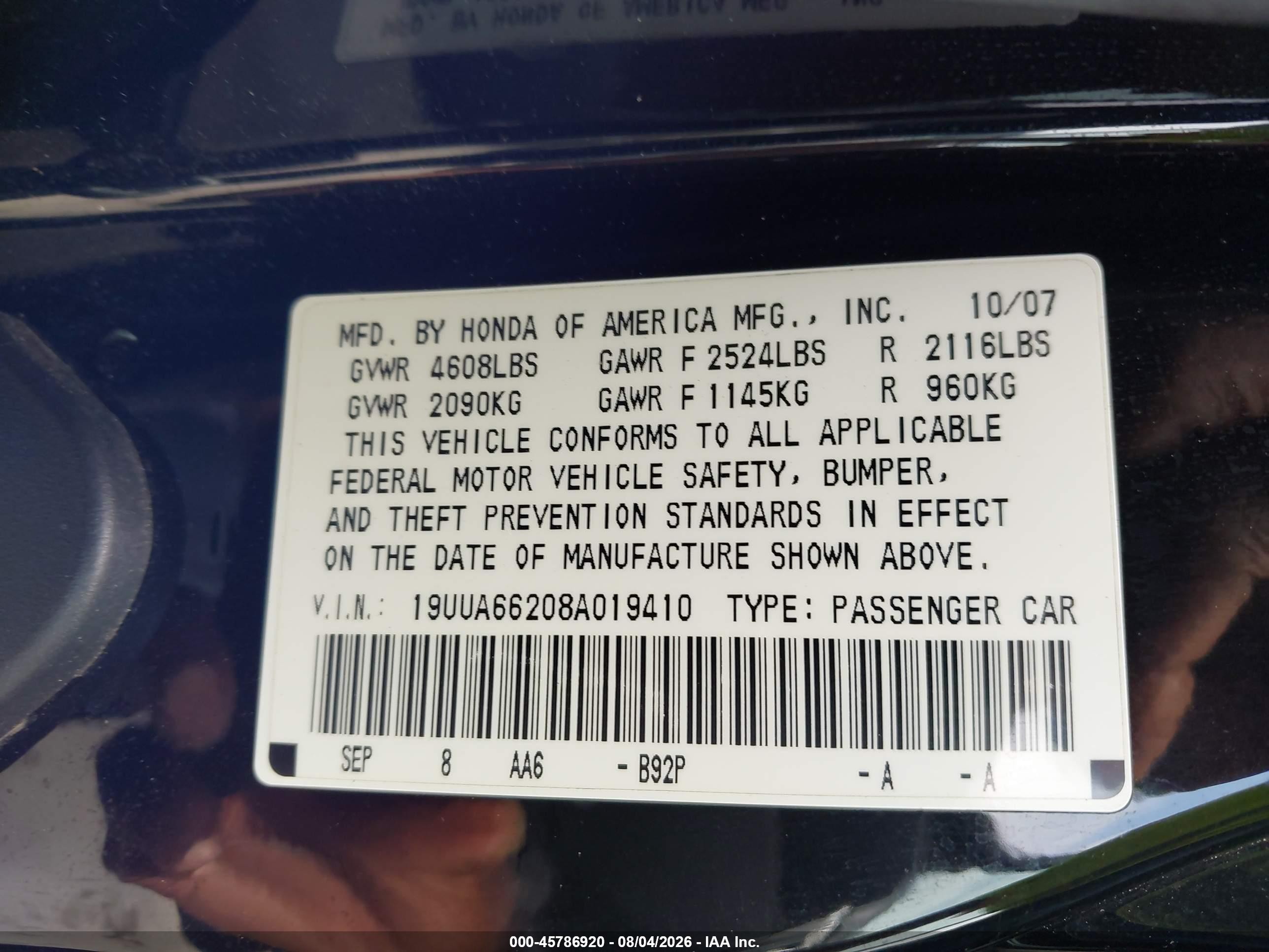 2008 Acura Tl 3.2 Black vin: 19UUA66208A019410