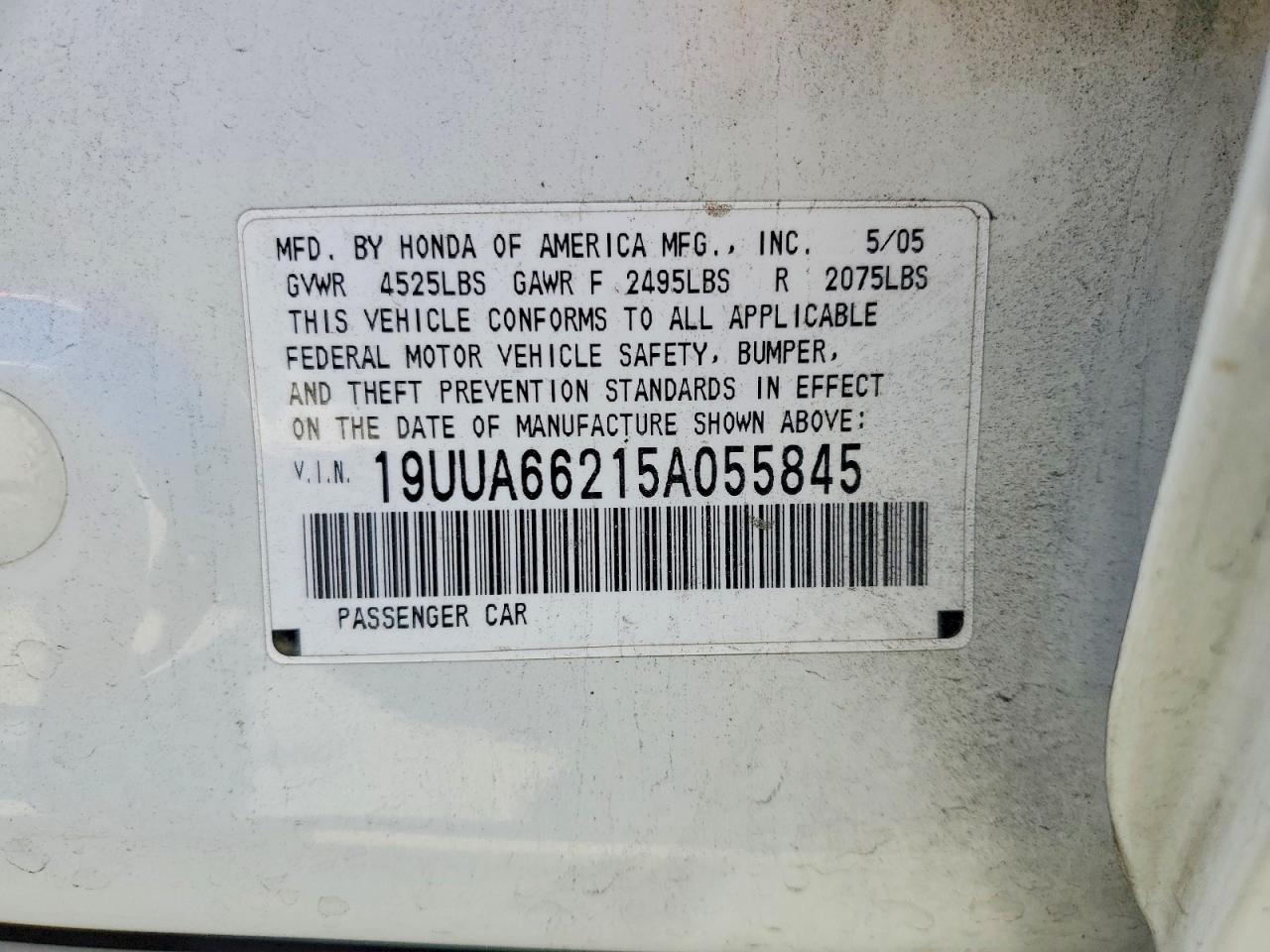 2005 Acura Tl White vin: 19UUA66215A055845