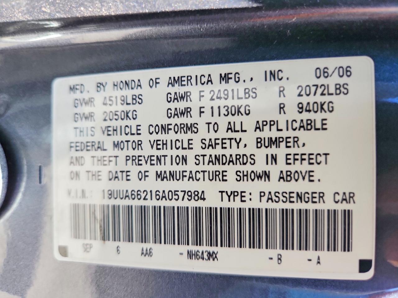 2006 Acura 3.2tl Угольный vin: 19UUA66216A057984
