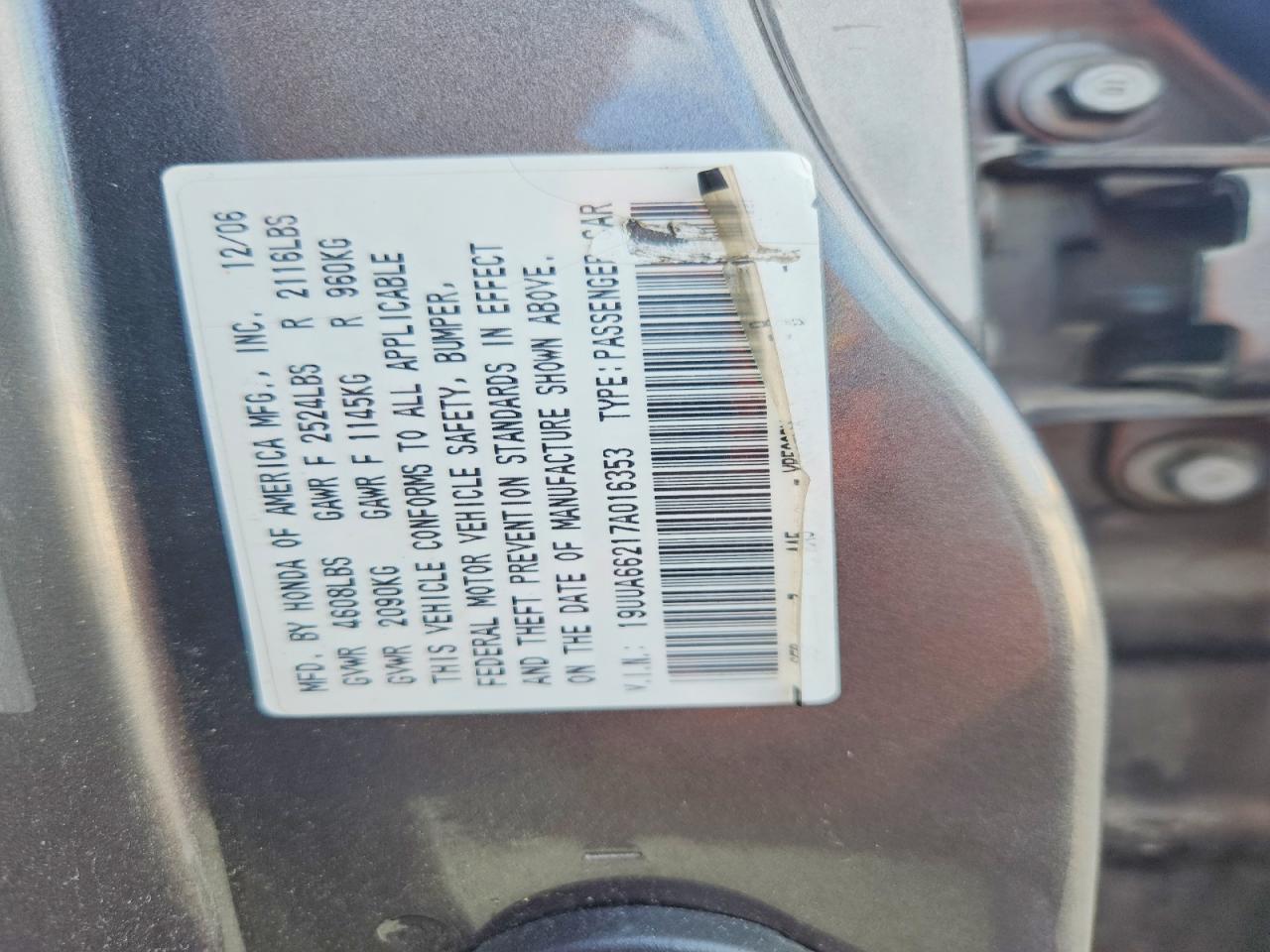 2007 Acura Tl Charcoal vin: 19UUA66217A016353