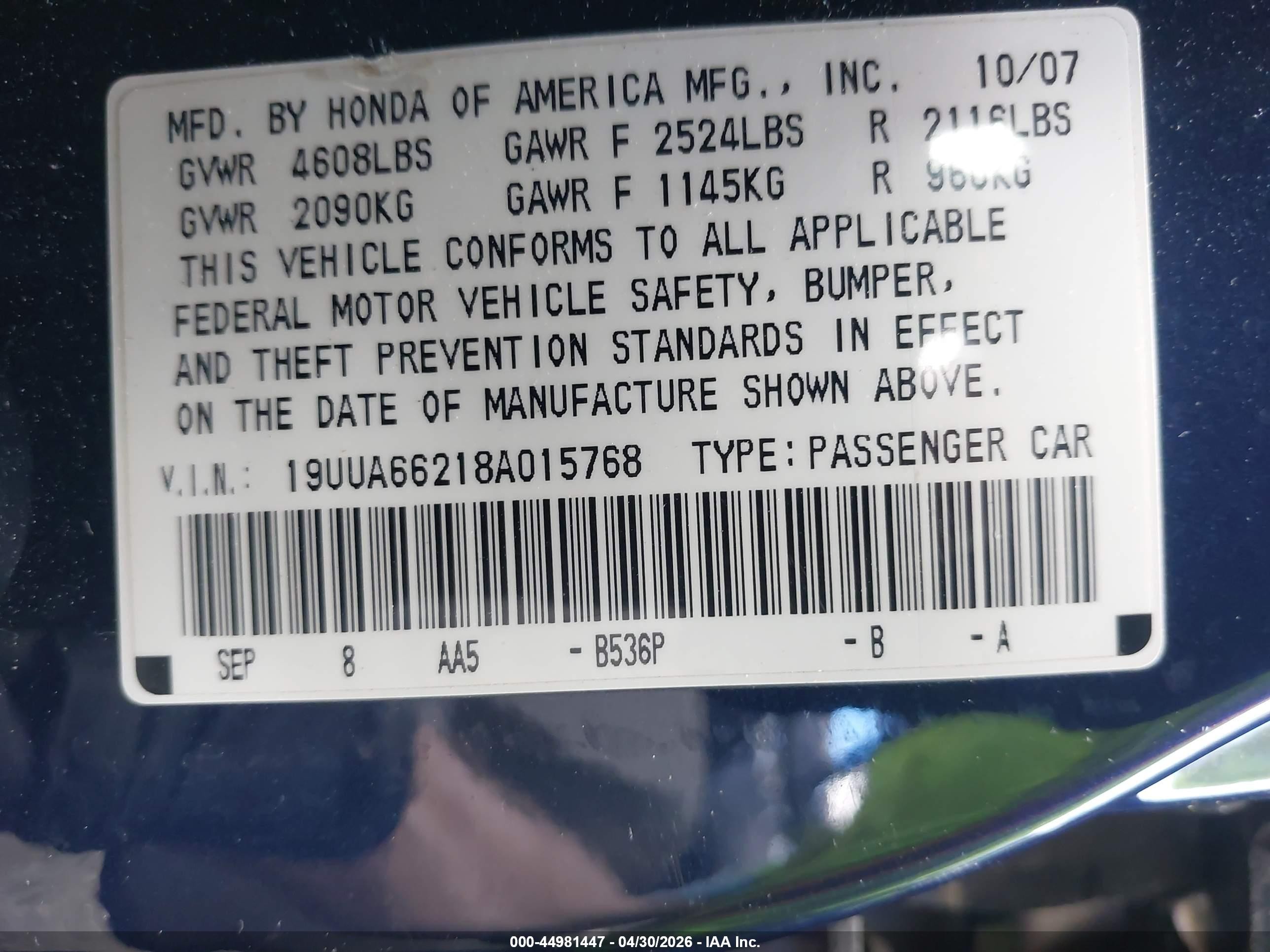 2008 Acura Tl 3.2 Blue vin: 19UUA66218A015768