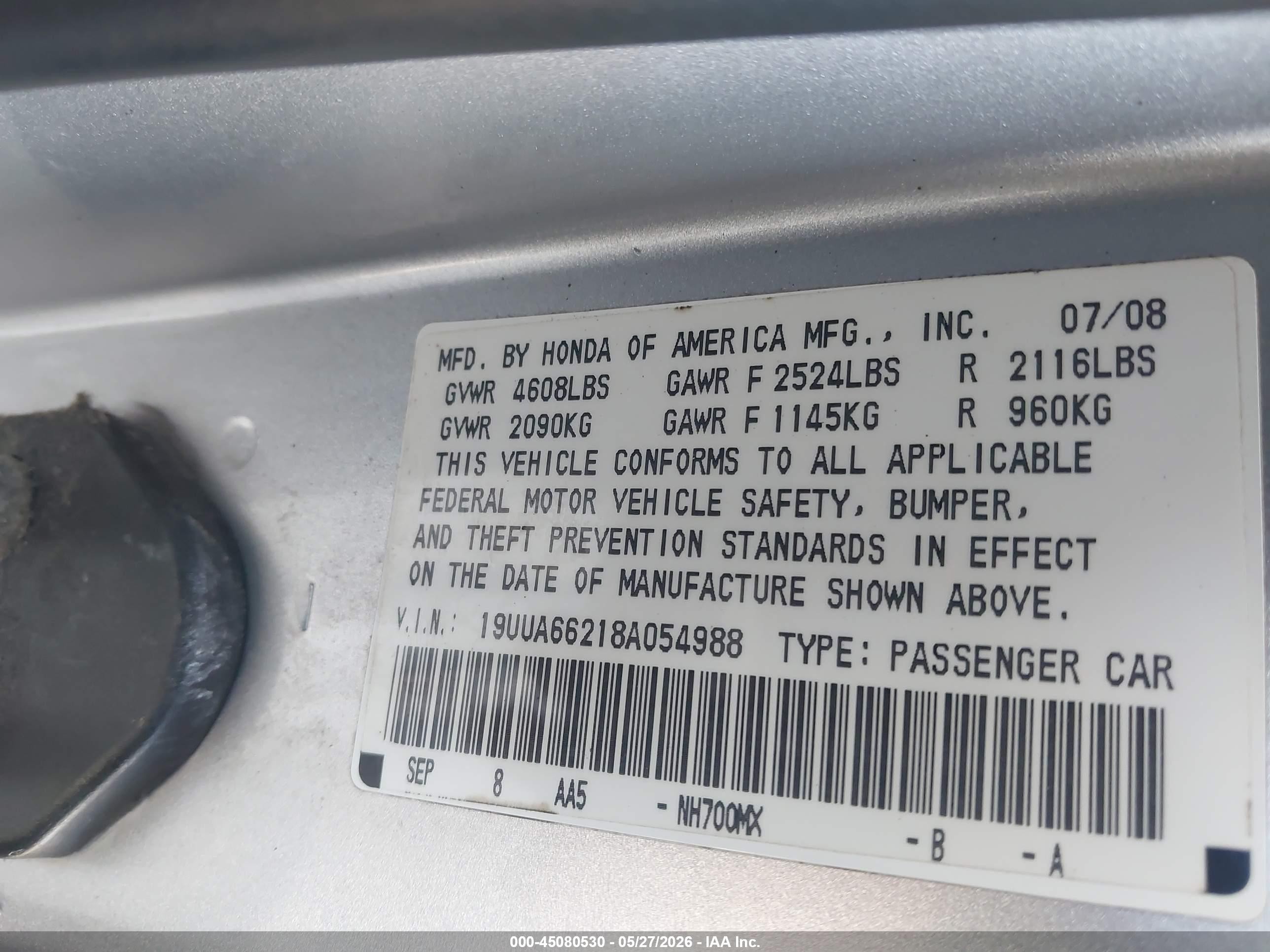 2008 Acura Tl 3.2 Серебряный vin: 19UUA66218A054988