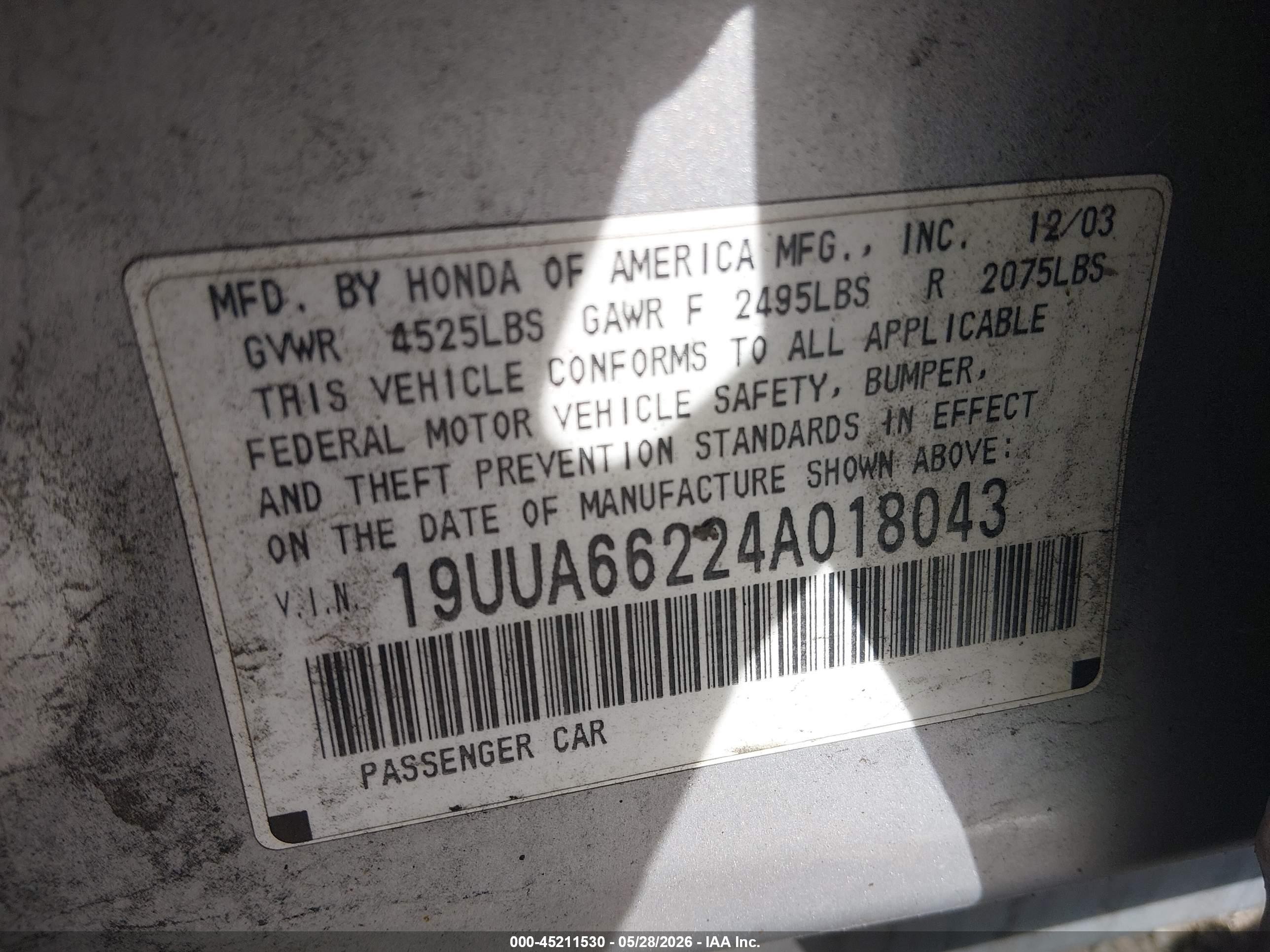 2004 Acura Tl   Gray vin: 19UUA66224A018043