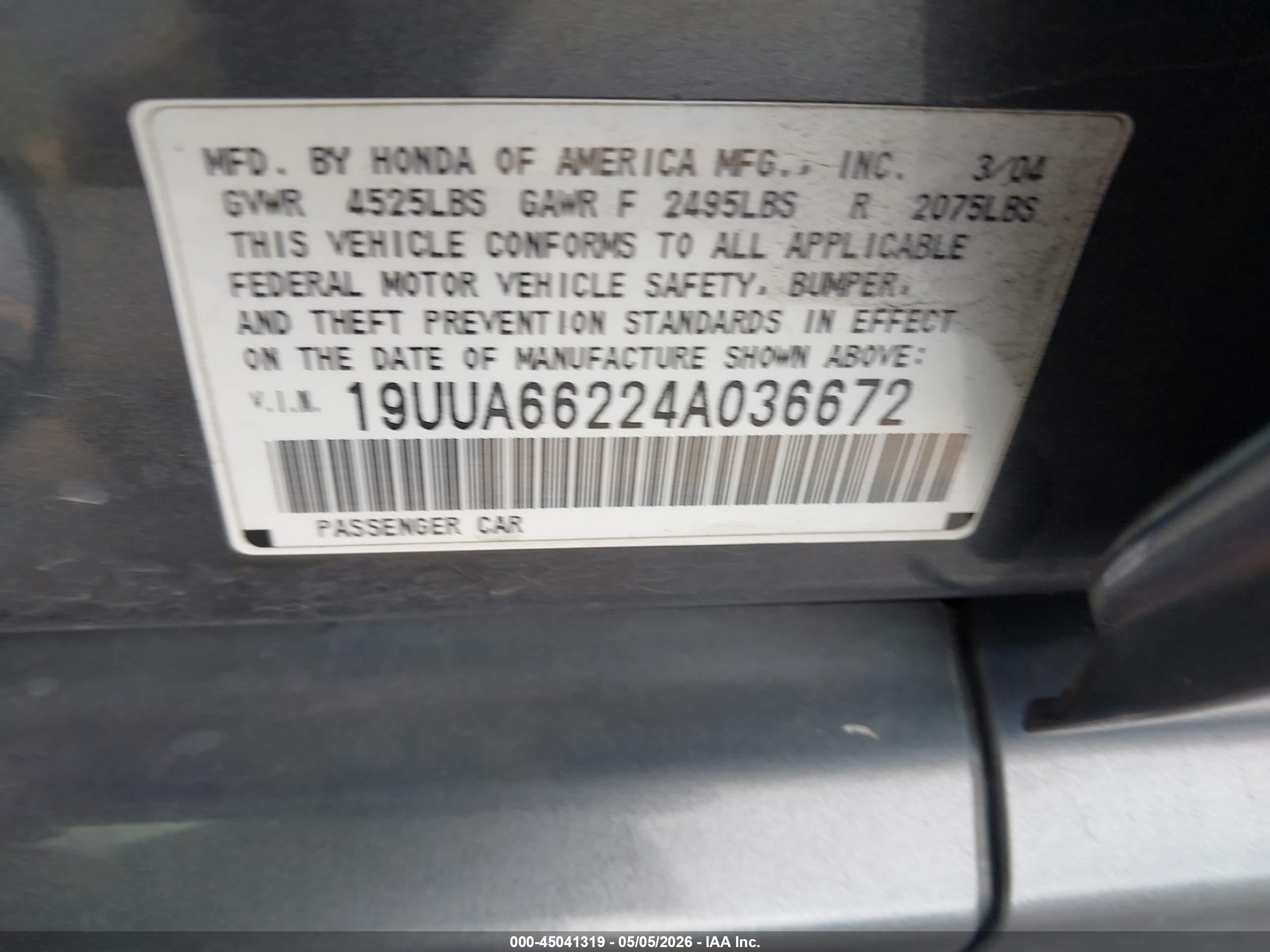 2004 Acura Tl   Серый vin: 19UUA66224A036672