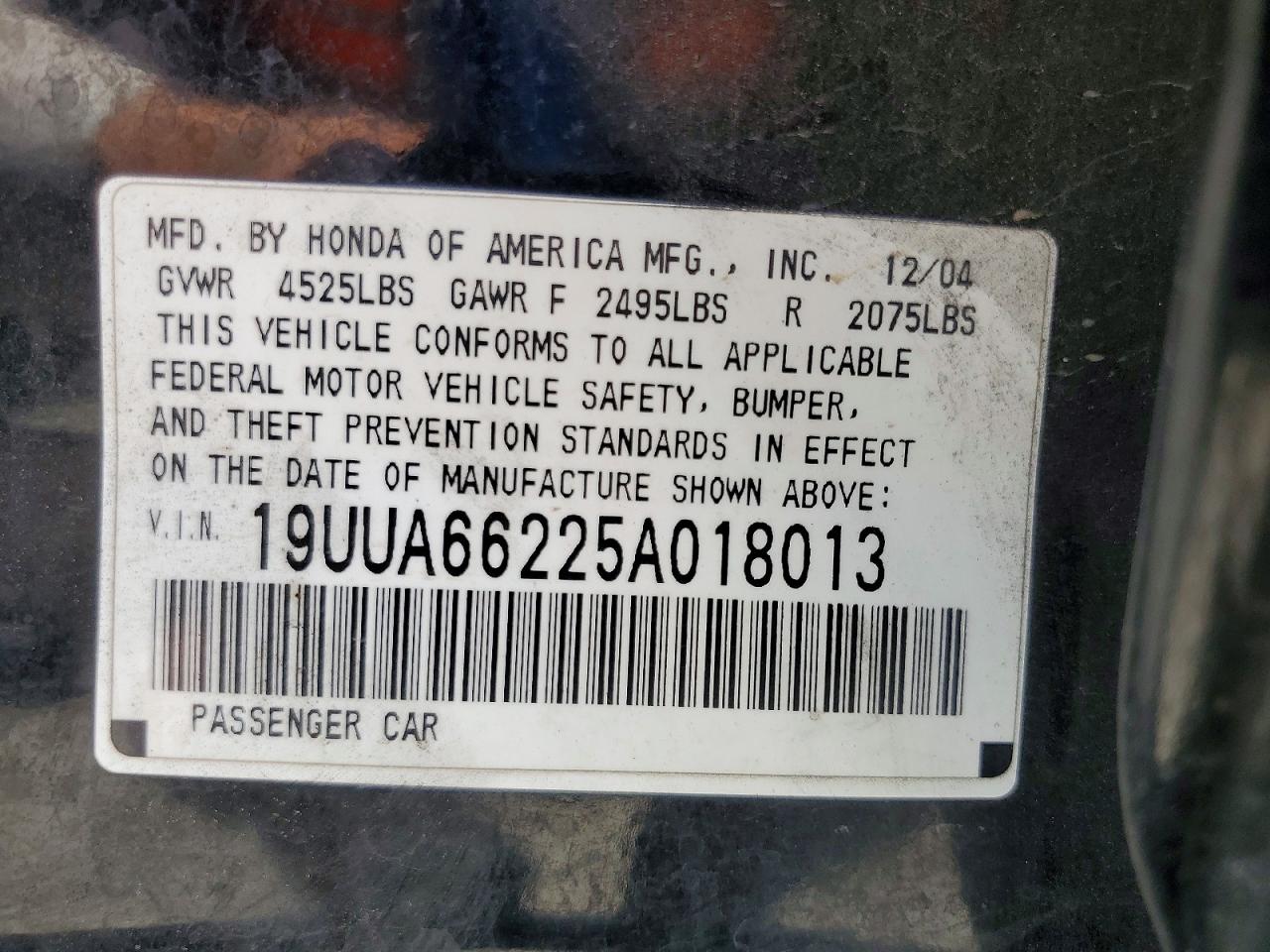 2005 Acura Tl Black vin: 19UUA66225A018013