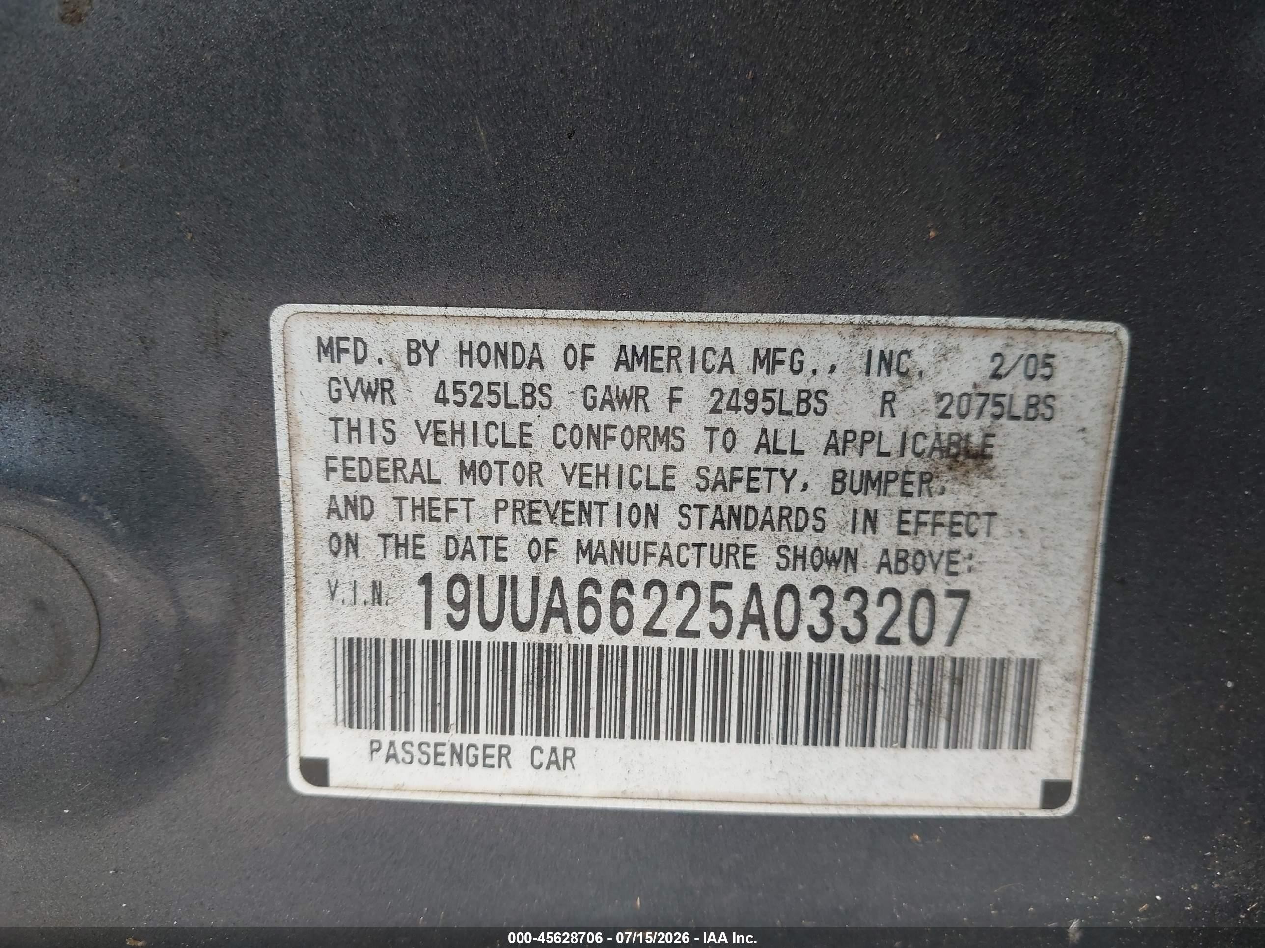 2005 Acura Tl   Gray vin: 19UUA66225A033207