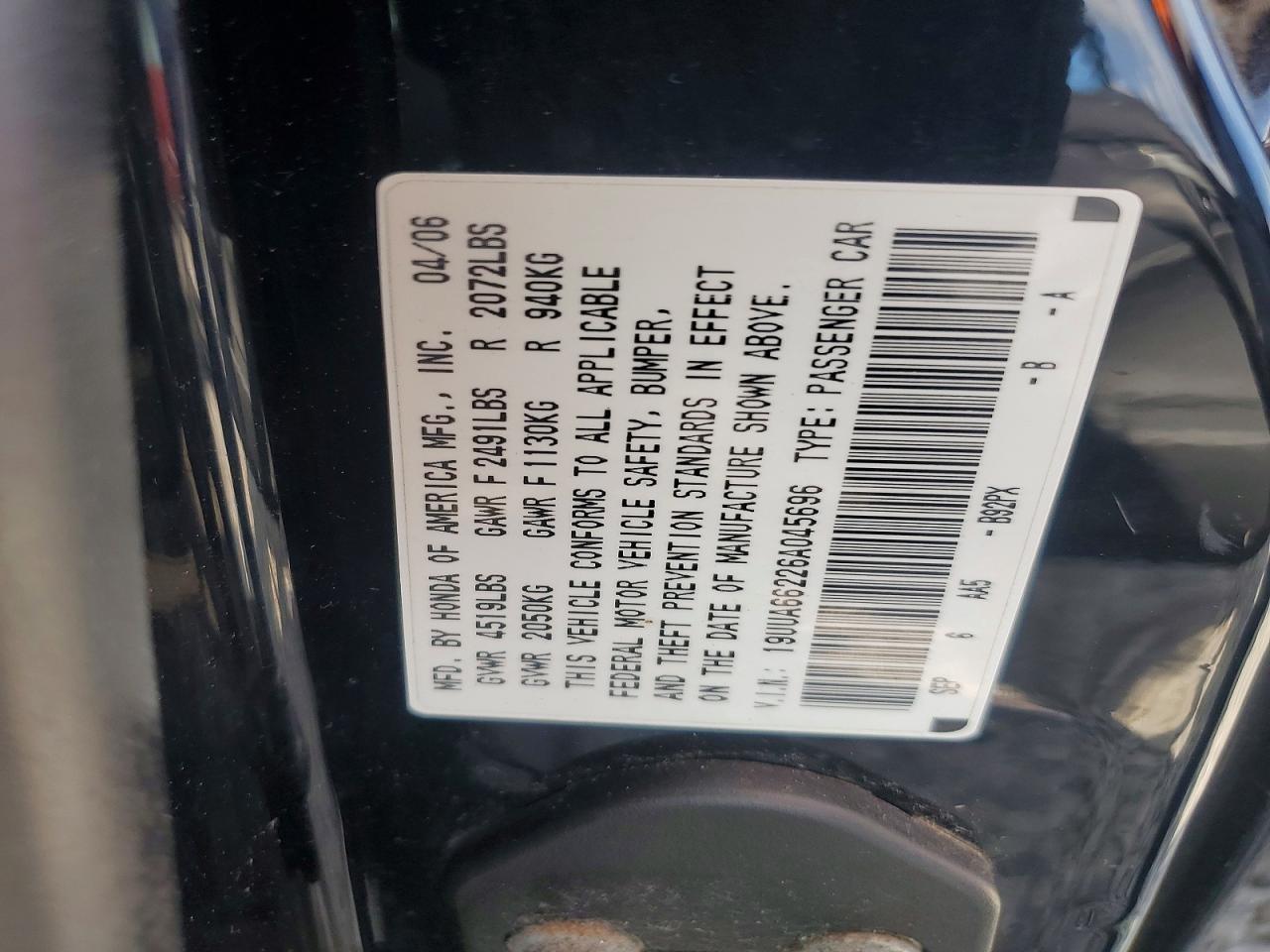 2006 Acura 3.2tl Black vin: 19UUA66226A045696