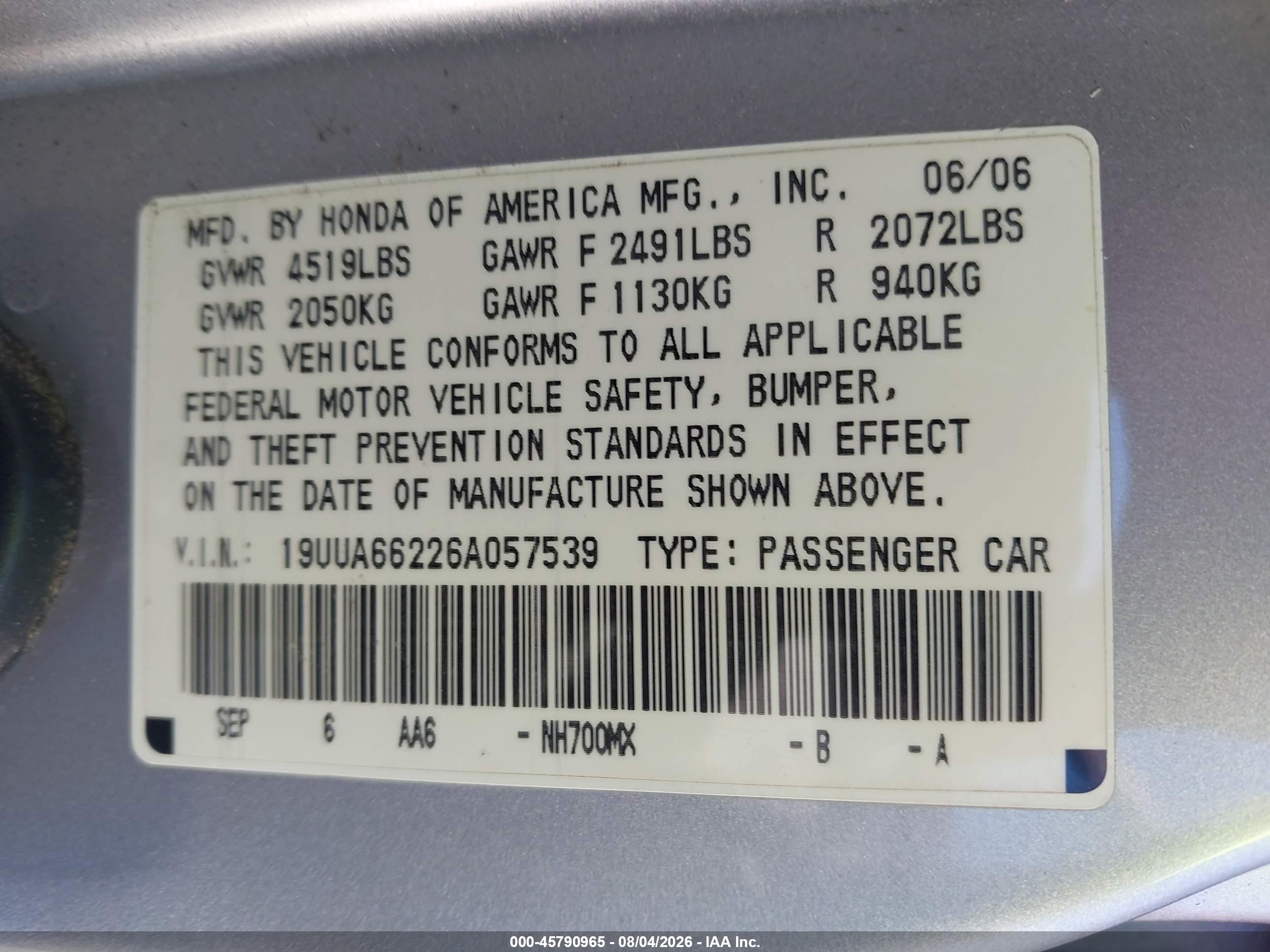 2006 Acura Tl   Silver vin: 19UUA66226A057539