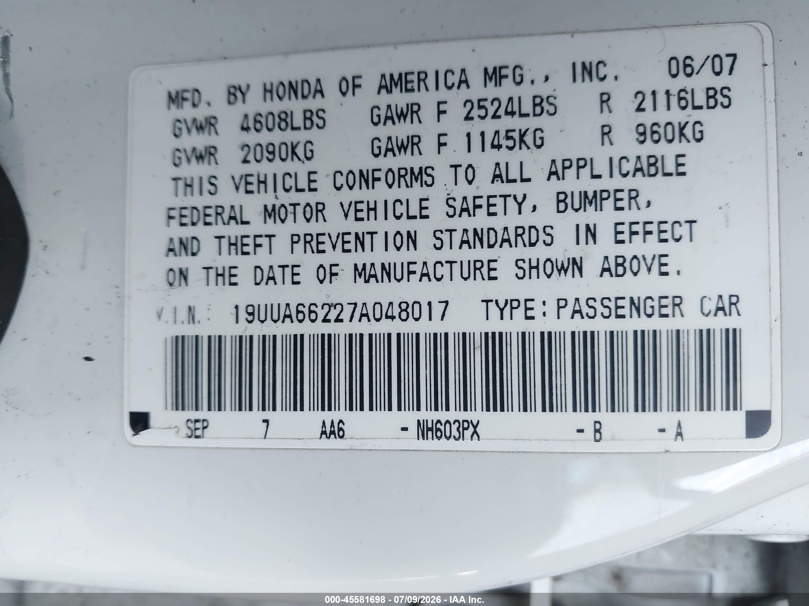 2007 Acura Tl 3.2 White vin: 19UUA66227A048017