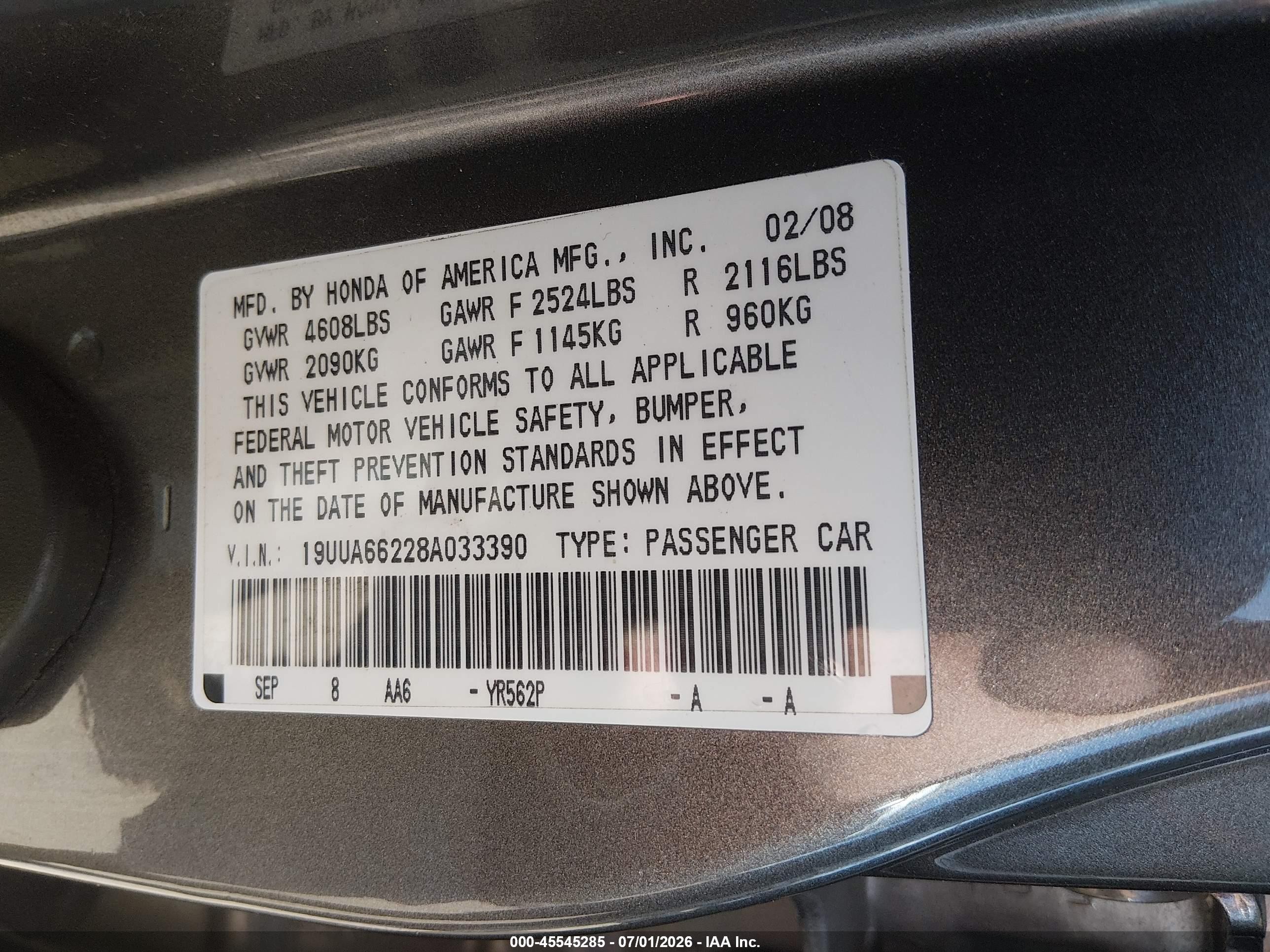 2008 Acura Tl 3.2 Gray vin: 19UUA66228A033390