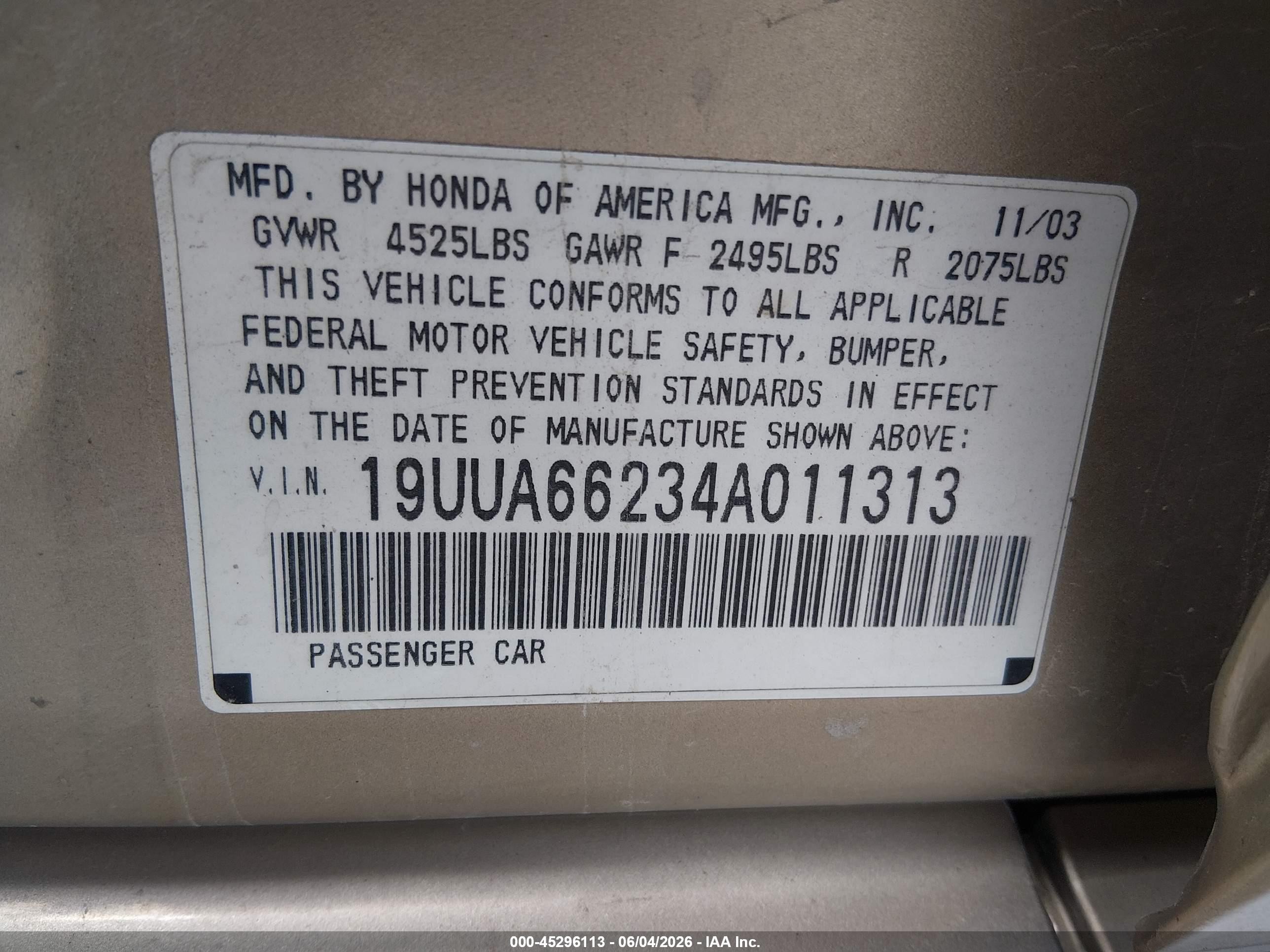 2004 Acura Tl   Gold vin: 19UUA66234A011313