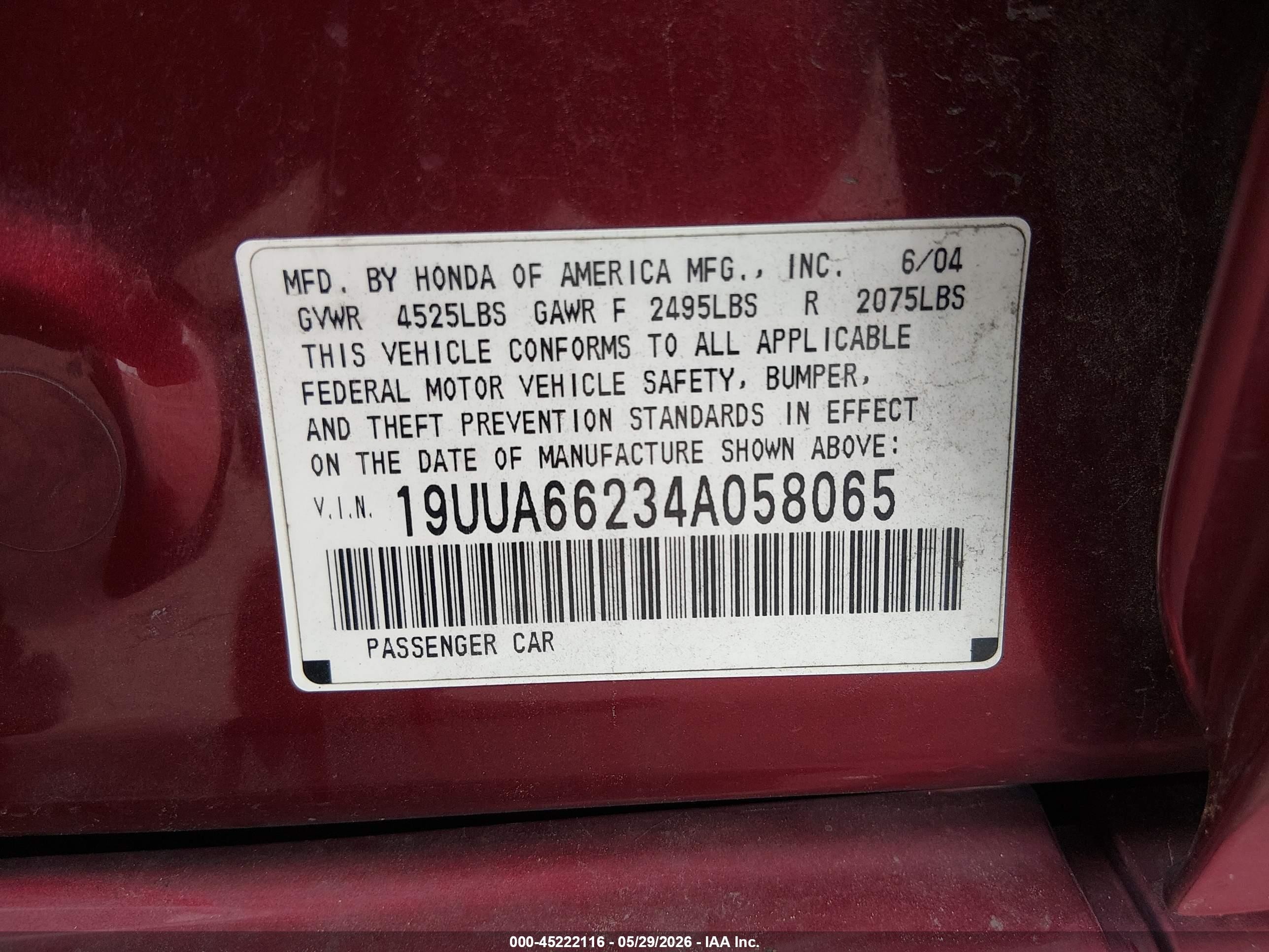 2004 Acura Tl   Maroon vin: 19UUA66234A058065