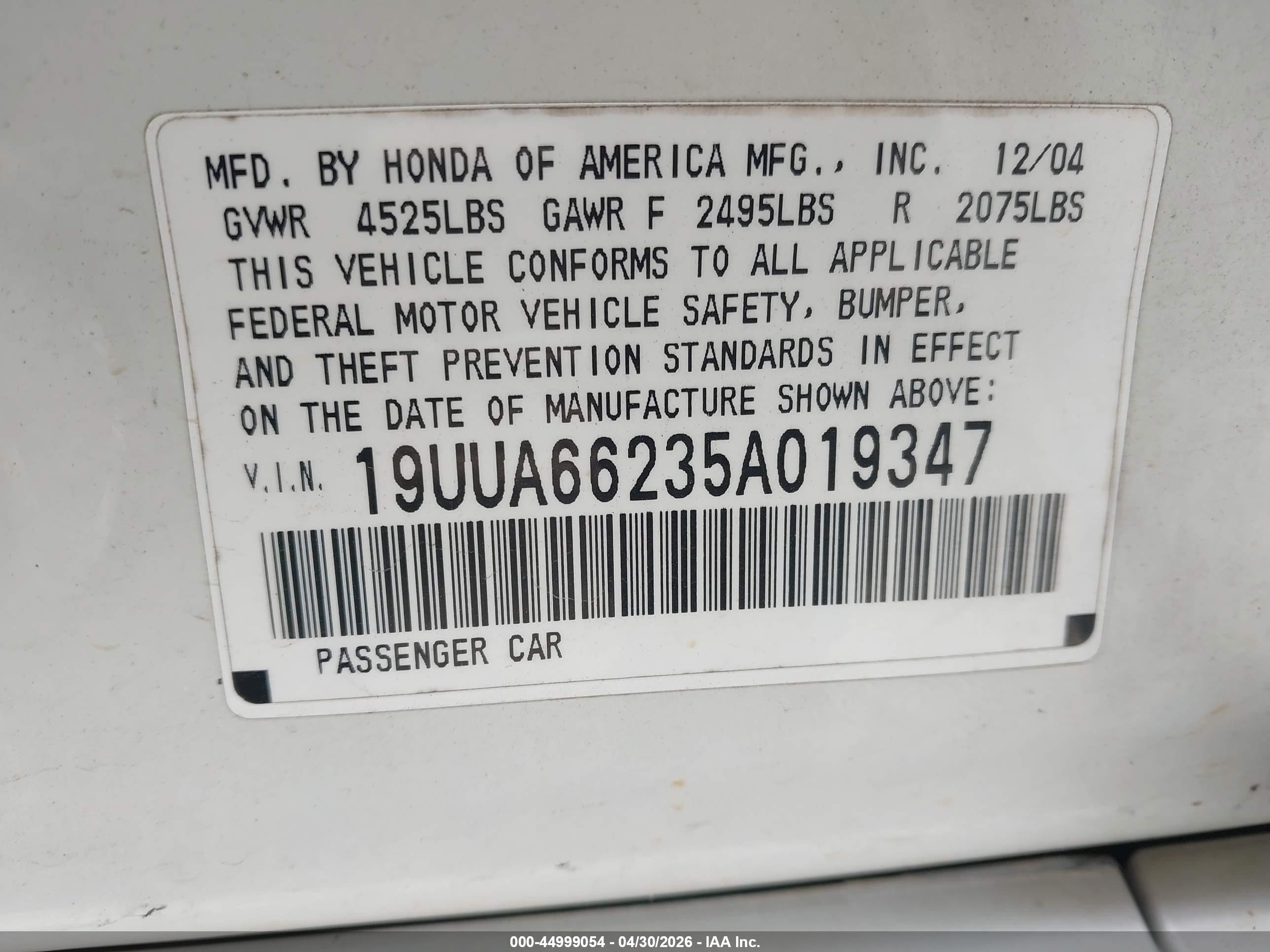 2005 Acura Tl Белый vin: 19UUA66235A019347