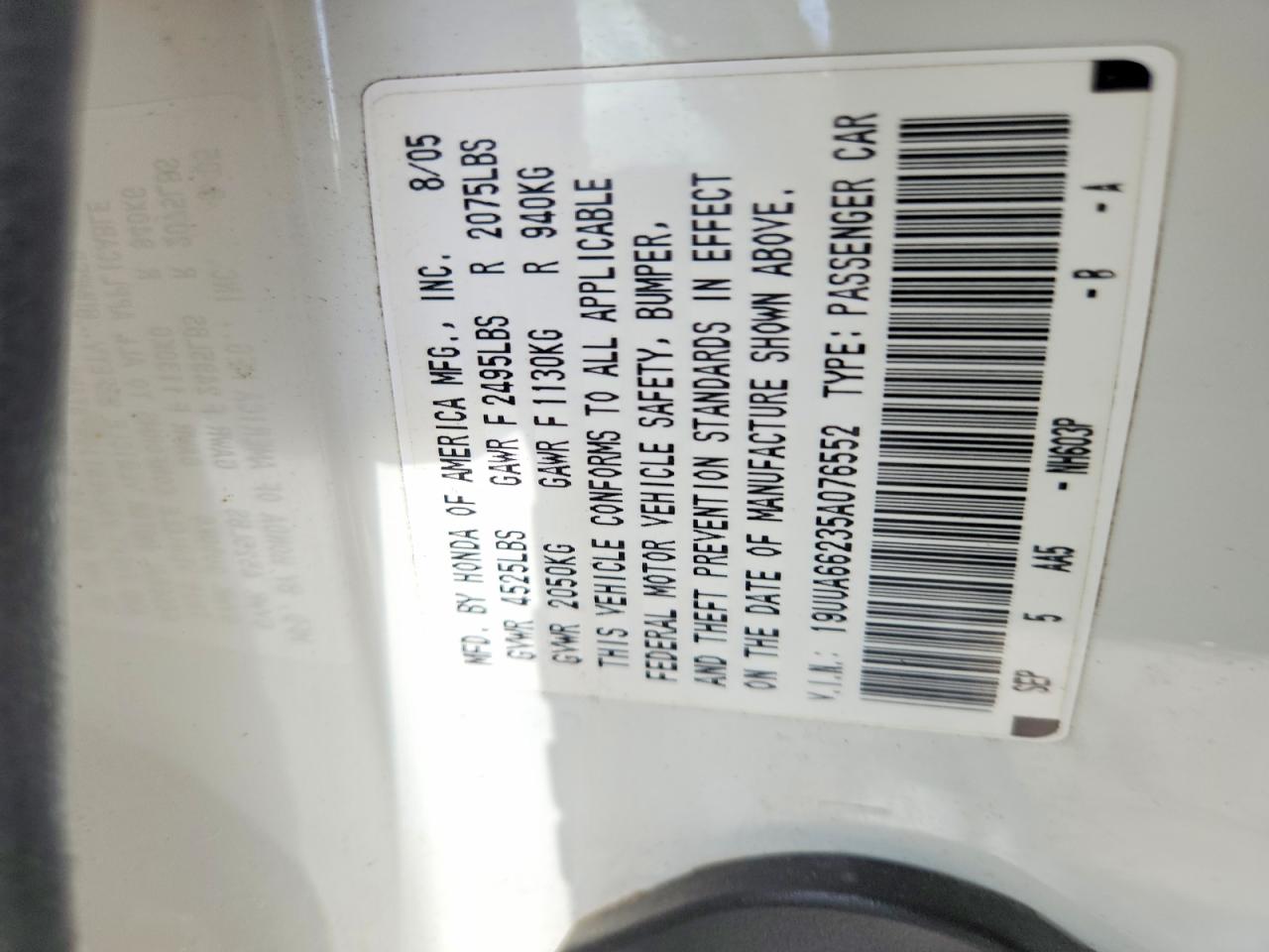 2005 Acura Tl White vin: 19UUA66235A076552