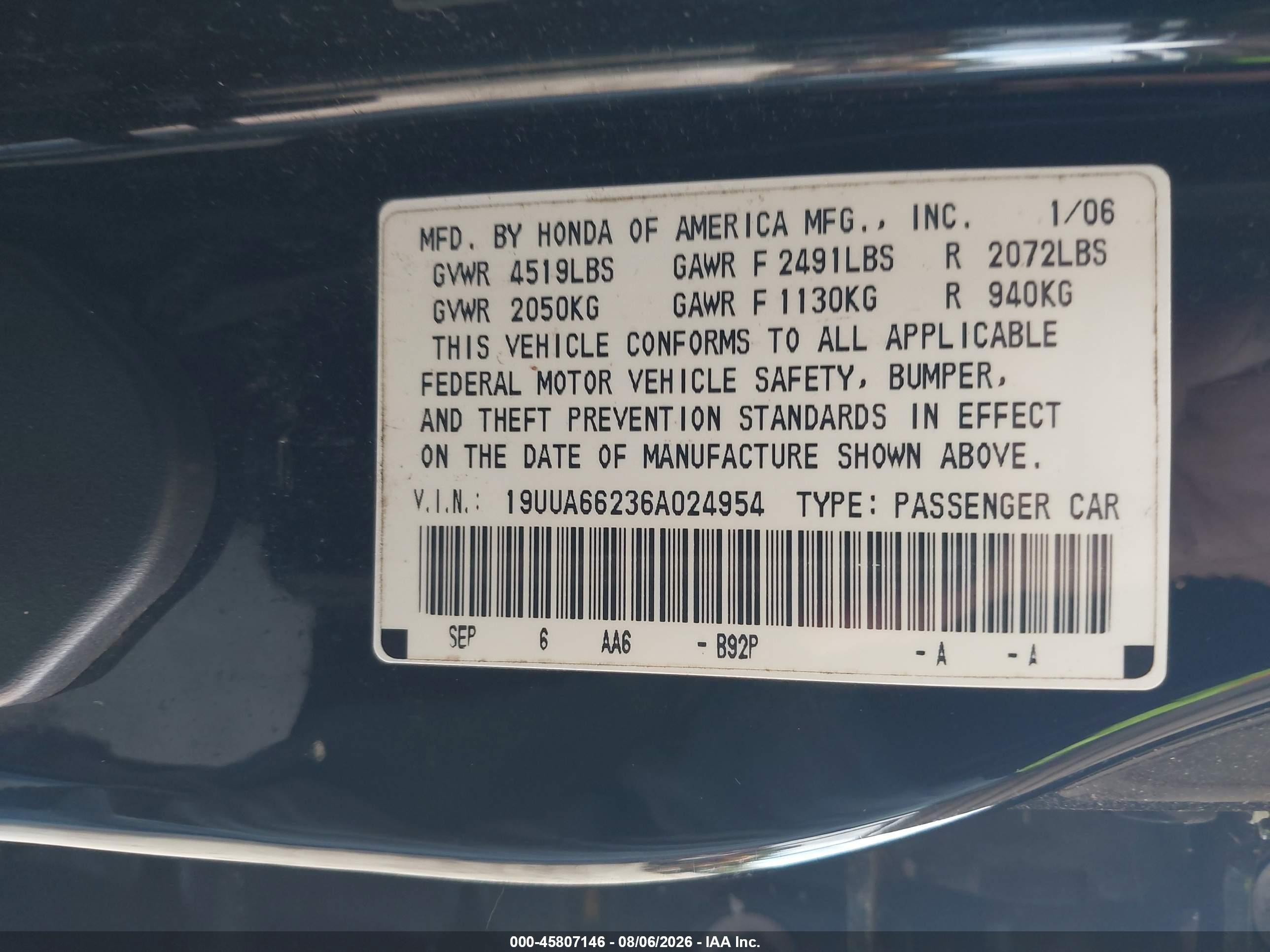 2006 Acura Tl   Black vin: 19UUA66236A024954
