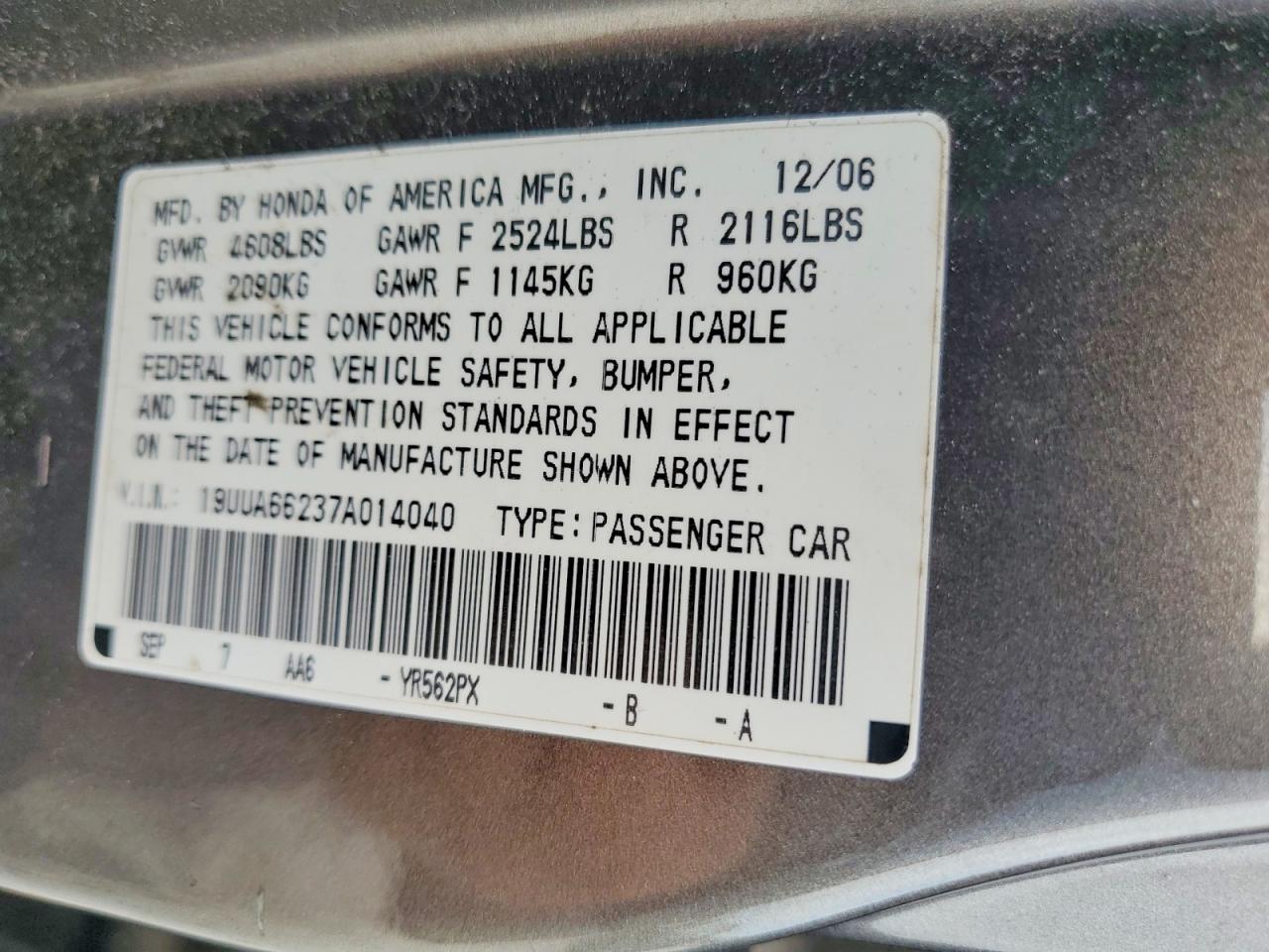 2007 Acura Tl Gray vin: 19UUA66237A014040