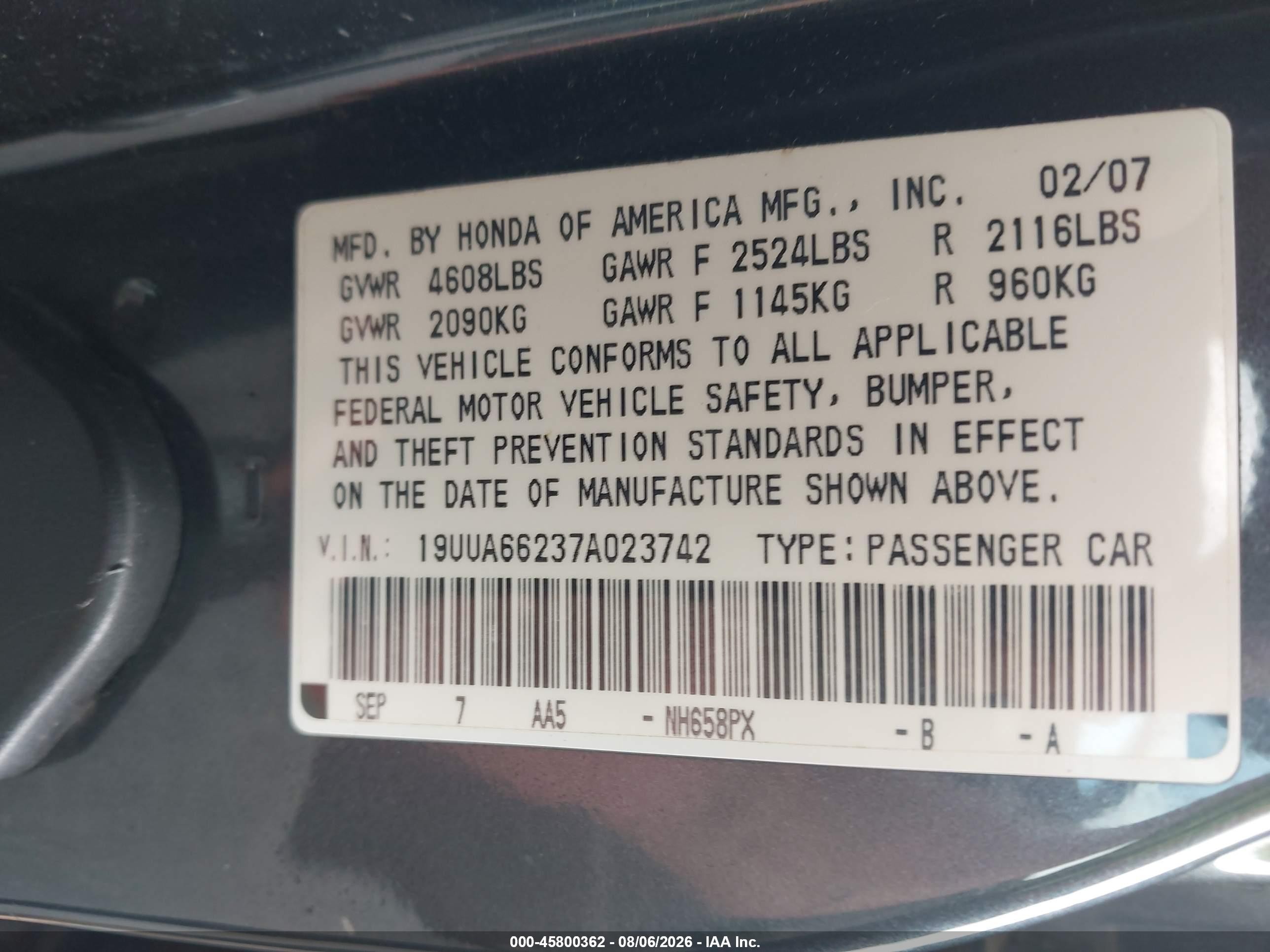 2007 Acura Tl 3.2 Gray vin: 19UUA66237A023742