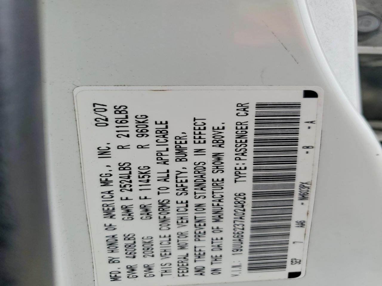 2007 Acura Tl White vin: 19UUA66237A024826