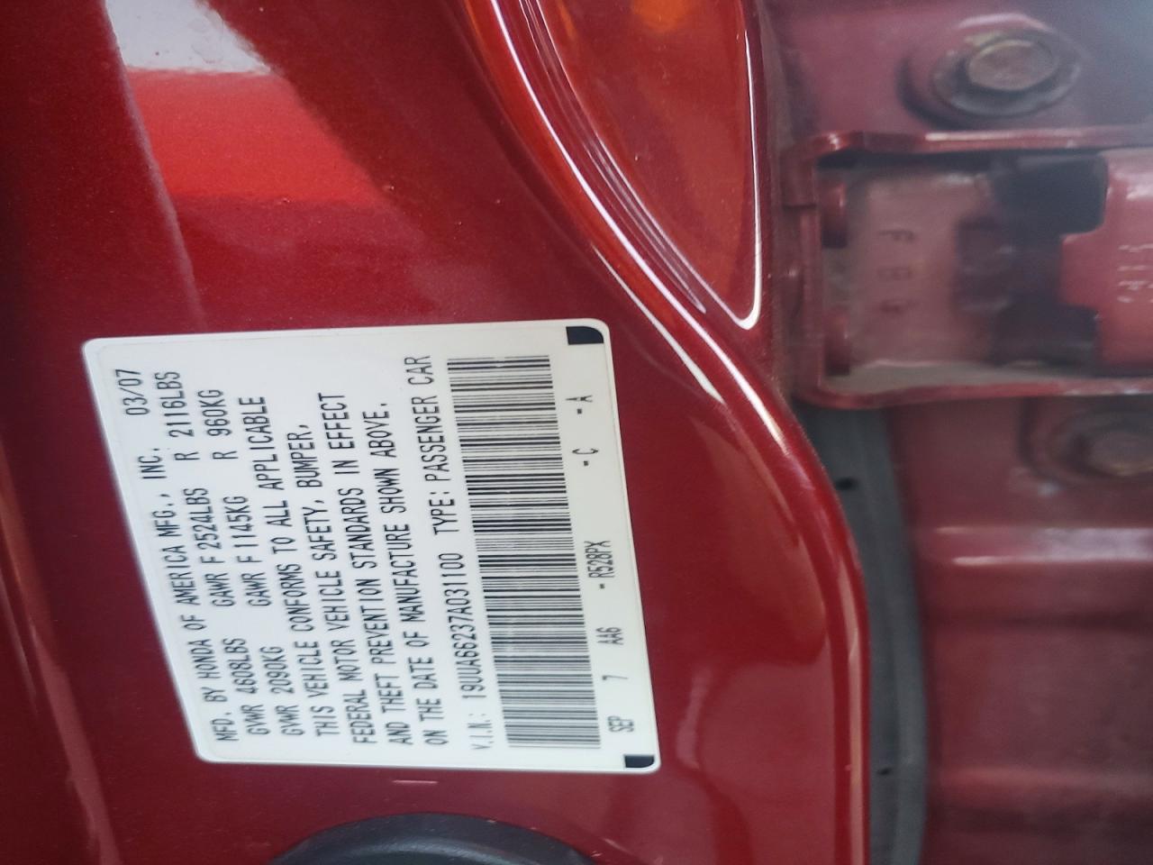 2007 Acura Tl Red vin: 19UUA66237A031100