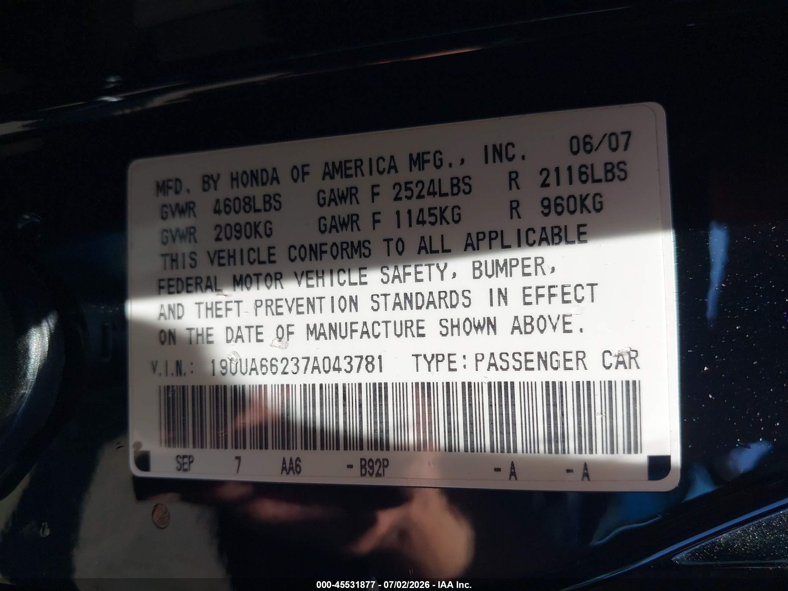 2007 Acura Tl 3.2 Black vin: 19UUA66237A043781