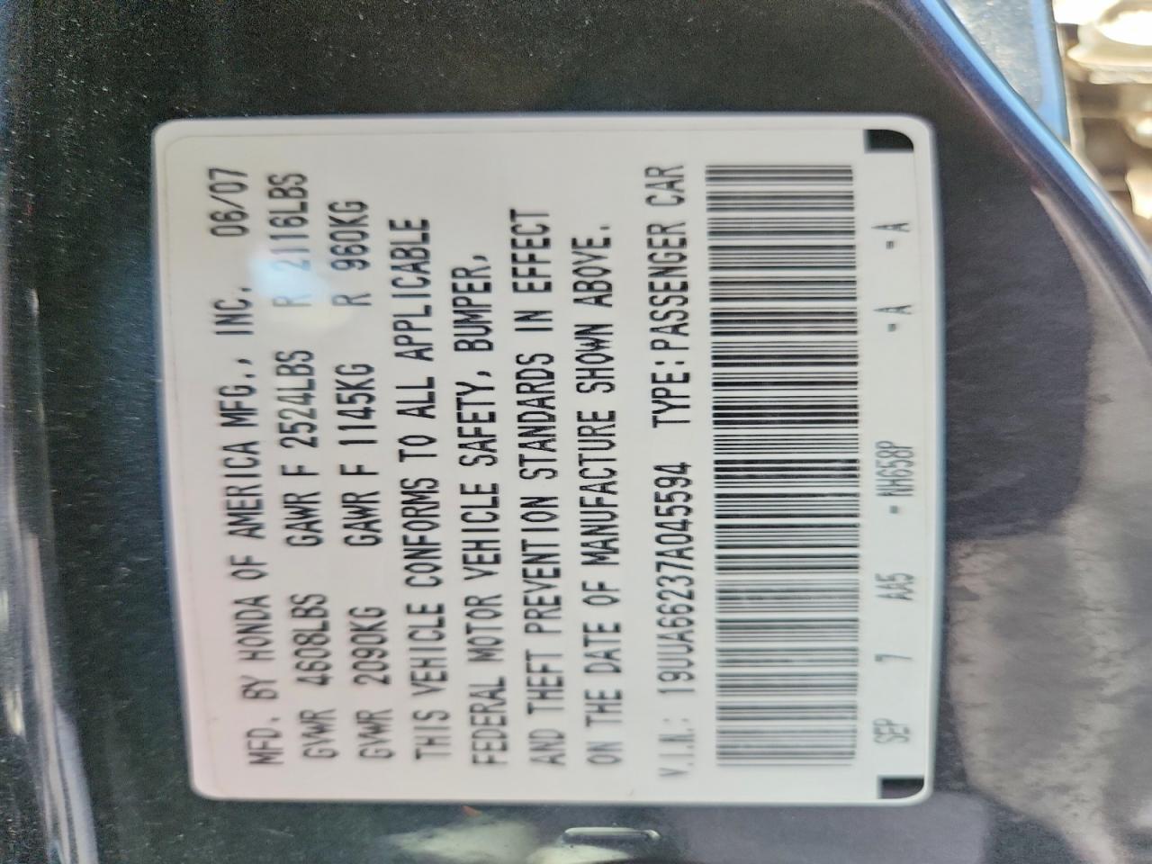 2007 Acura Tl Черный vin: 19UUA66237A045594