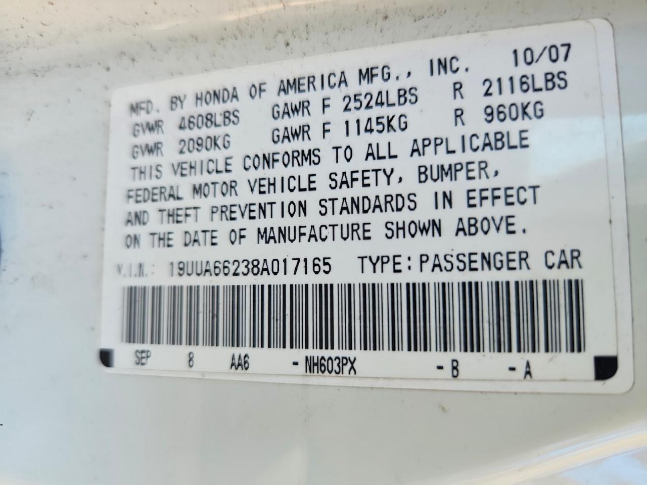 2008 Acura Tl White vin: 19UUA66238A017165