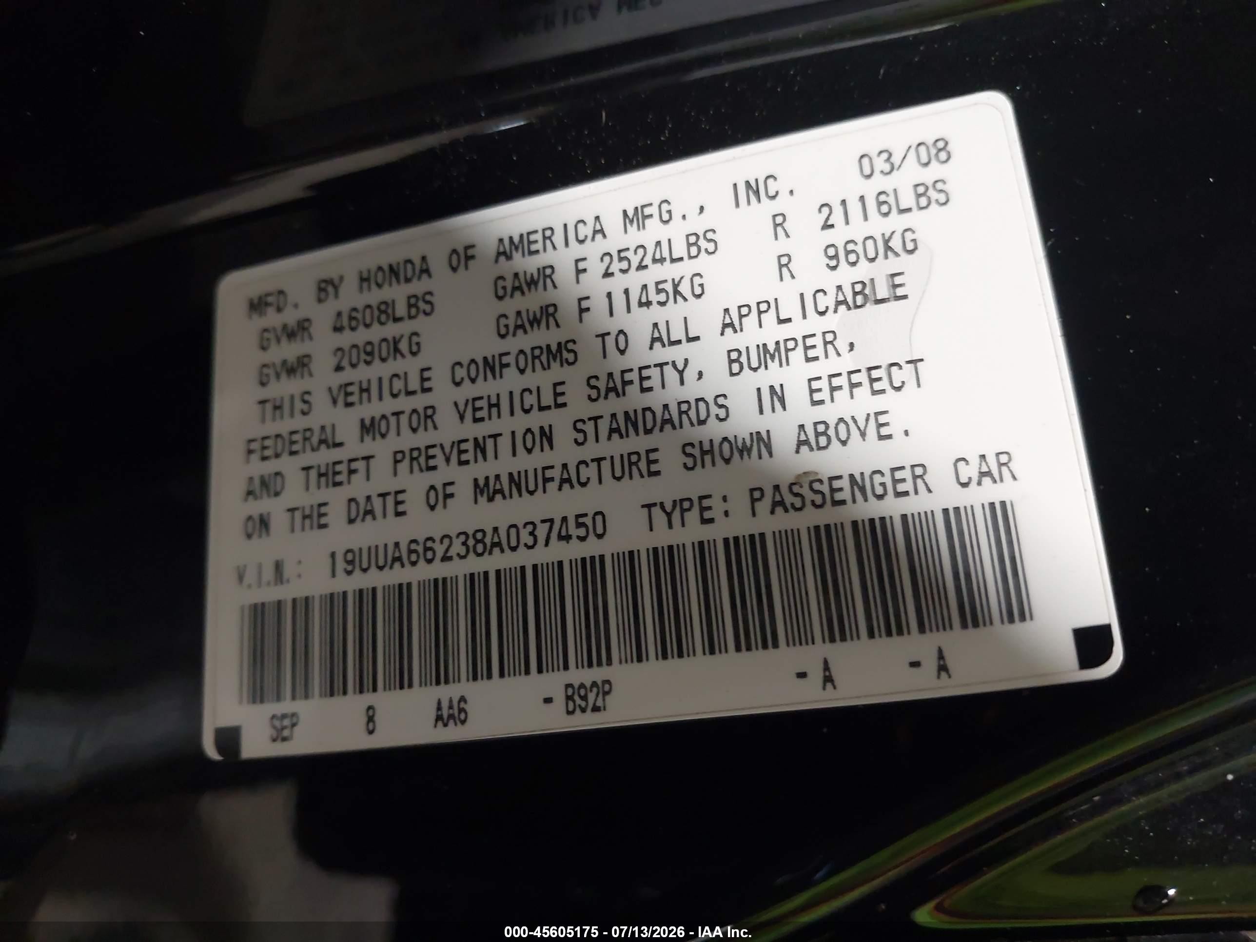 2008 Acura Tl 3.2 Черный vin: 19UUA66238A037450