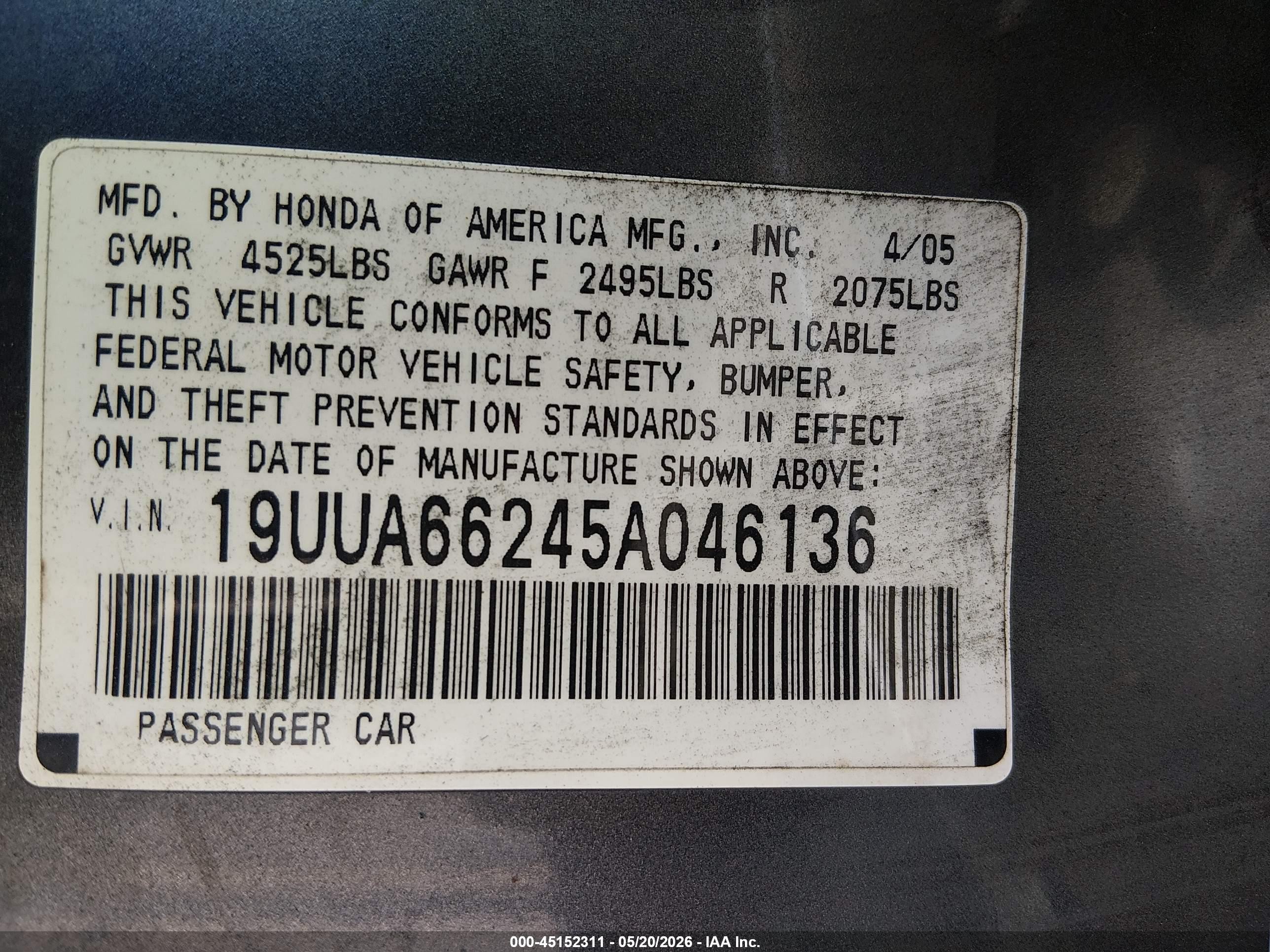 2005 Acura Tl   Gray vin: 19UUA66245A046136