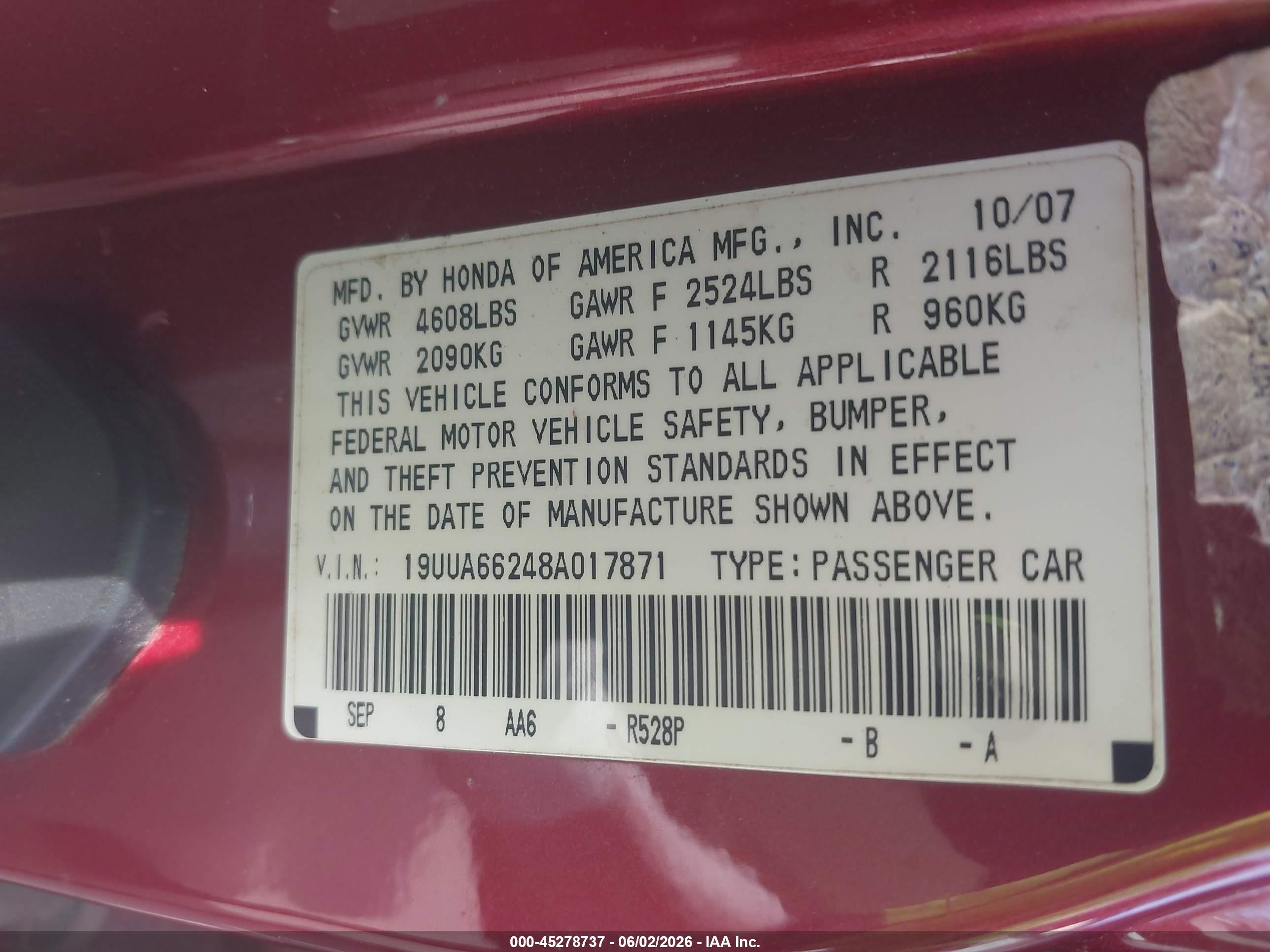 2008 Acura Tl 3.2 Бордовый vin: 19UUA66248A017871