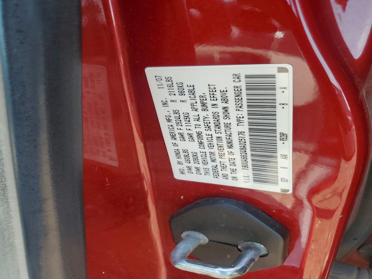 2008 Acura Tl Red vin: 19UUA66248A025176