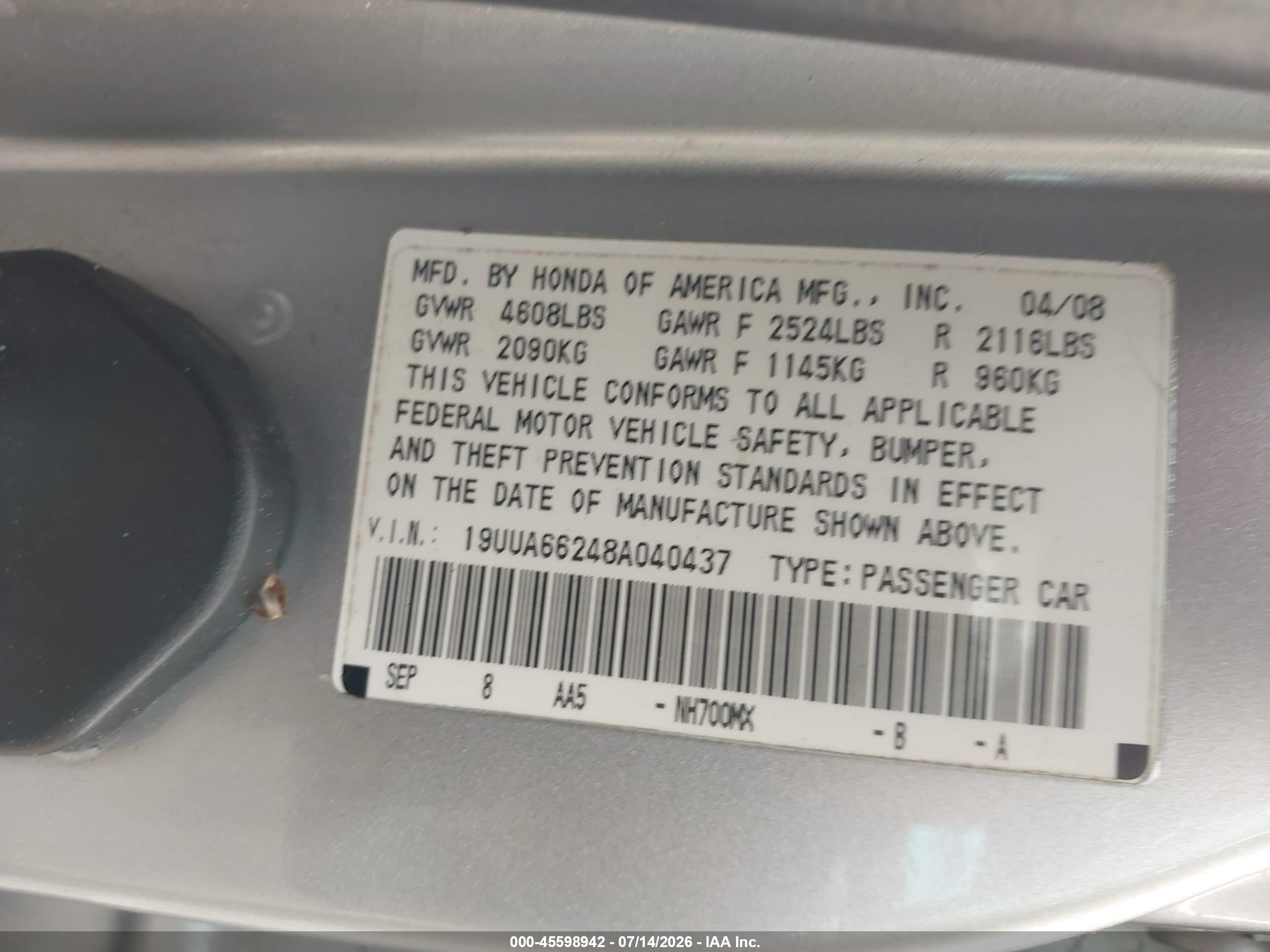 2008 Acura Tl 3.2 Silver vin: 19UUA66248A040437