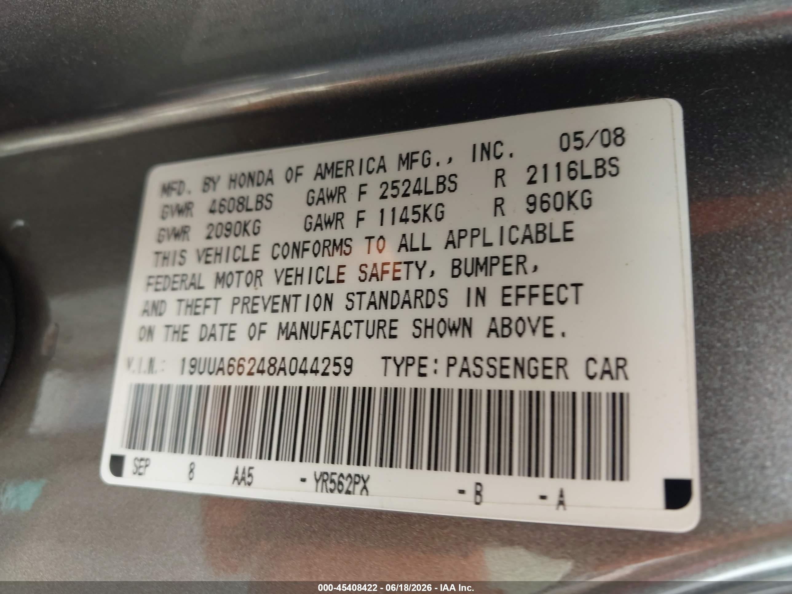 2008 Acura Tl 3.2 Gray vin: 19UUA66248A044259