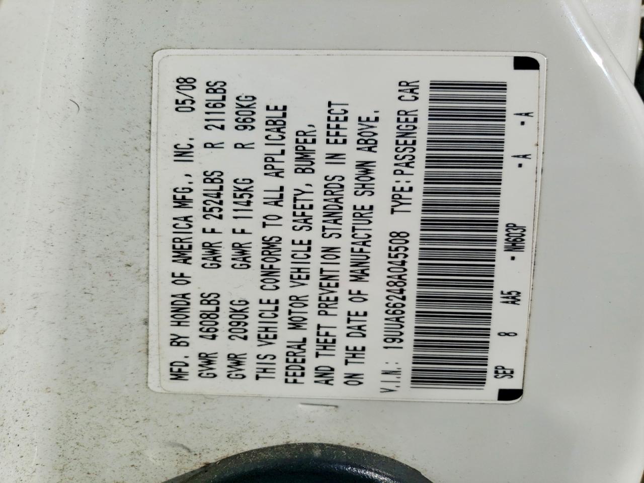 2008 Acura Tl White vin: 19UUA66248A045508