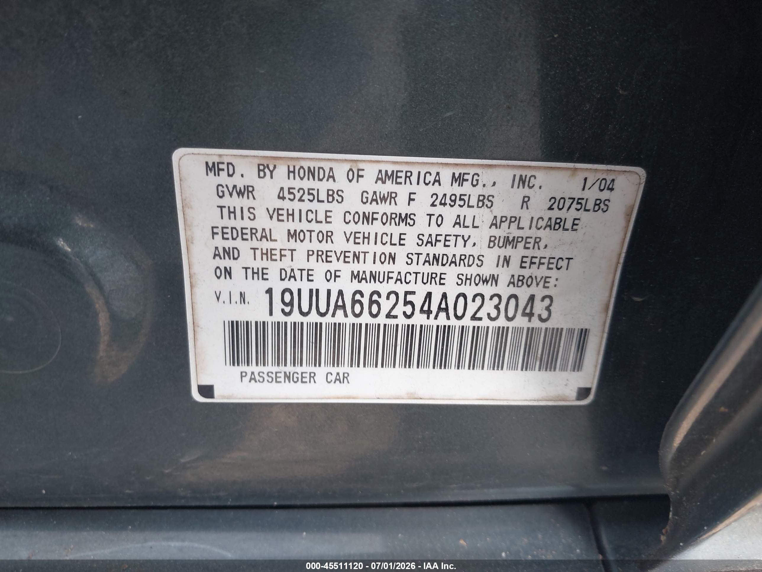 2004 Acura Tl   Green vin: 19UUA66254A023043