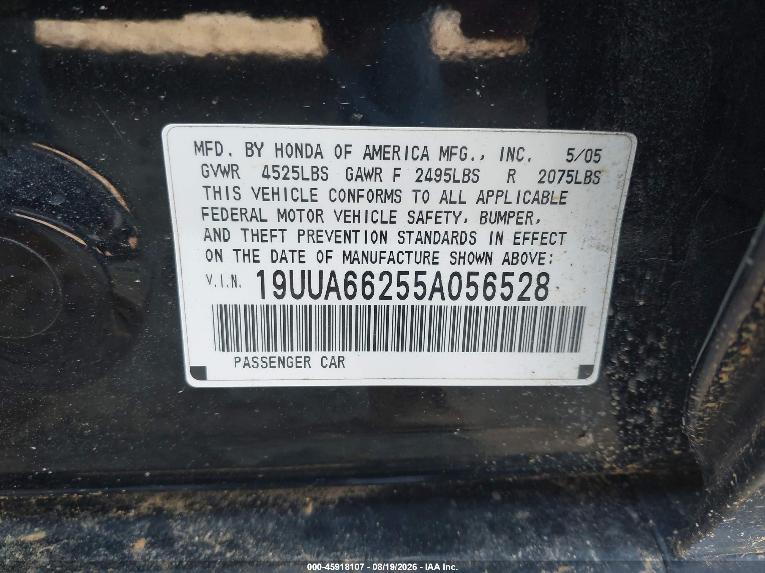 2005 Acura Tl   Черный vin: 19UUA66255A056528