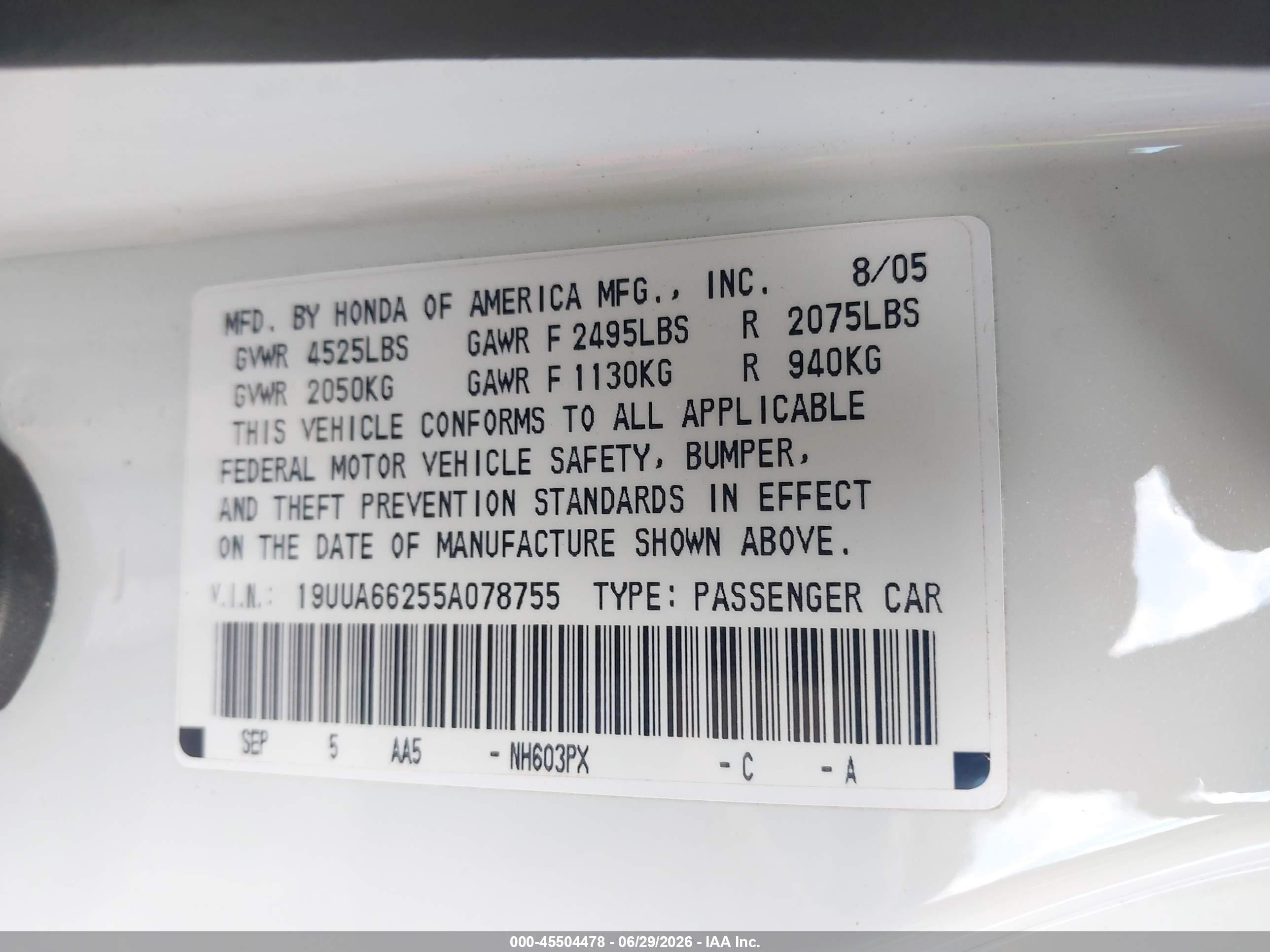 2005 Acura Tl   White vin: 19UUA66255A078755