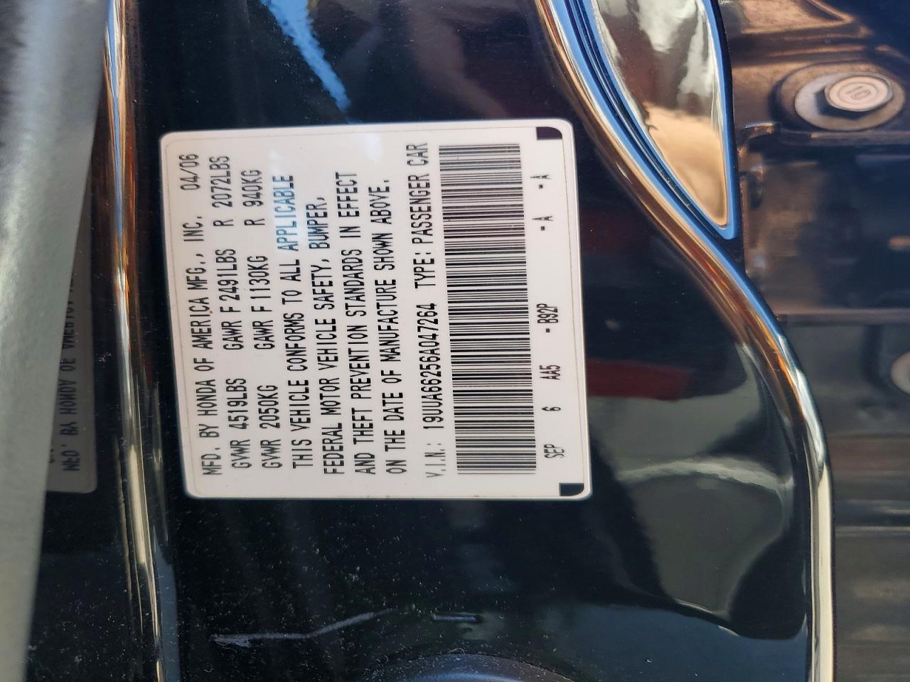 2006 Acura 3.2tl Black vin: 19UUA66256A047264
