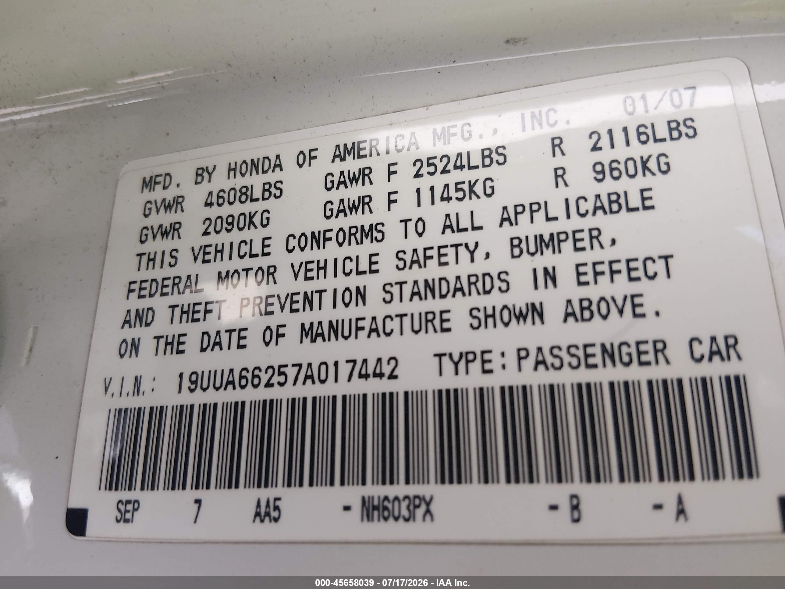2007 Acura Tl 3.2 Белый vin: 19UUA66257A017442