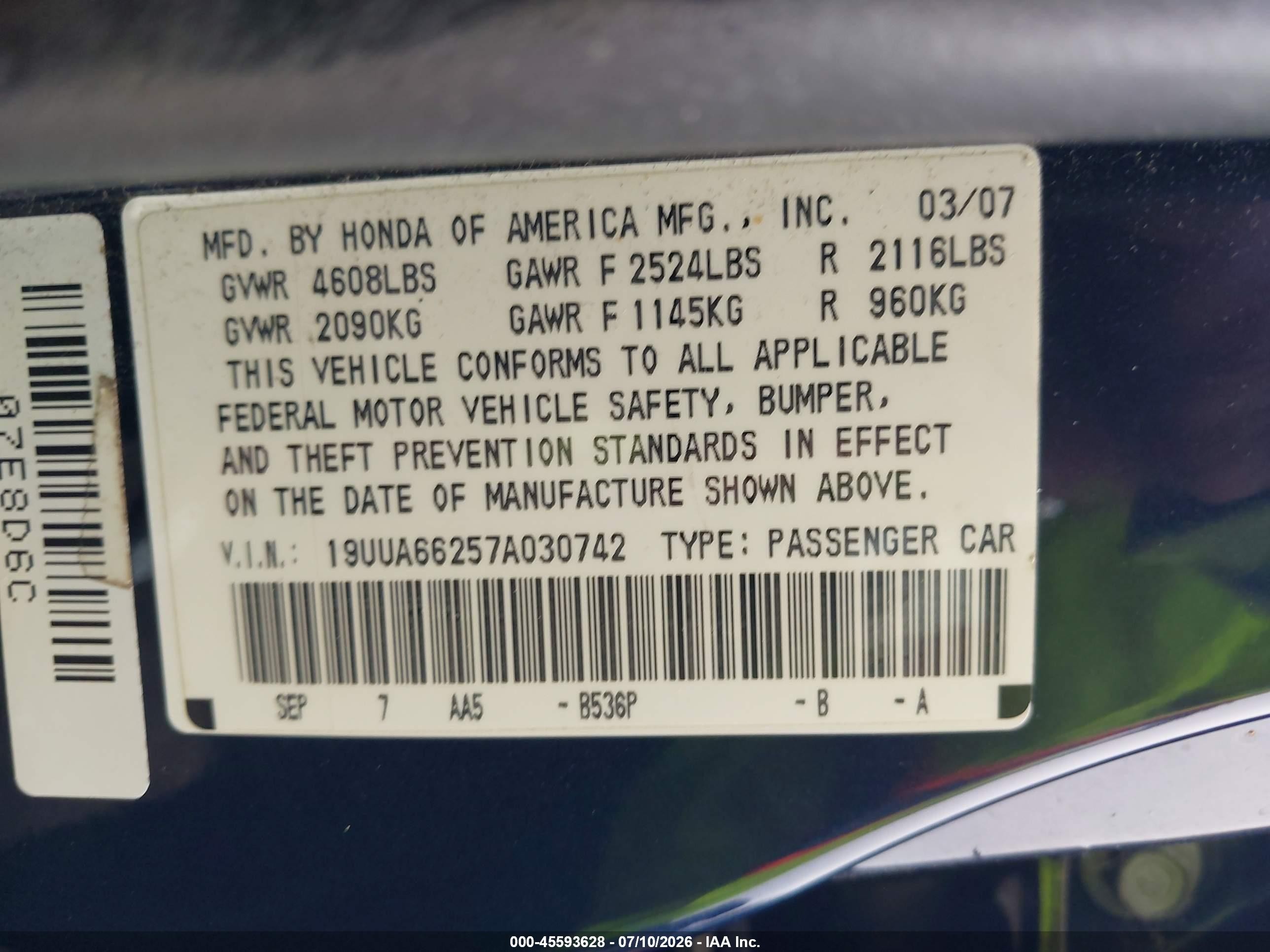 2007 Acura Tl 3.2 Синий vin: 19UUA66257A030742