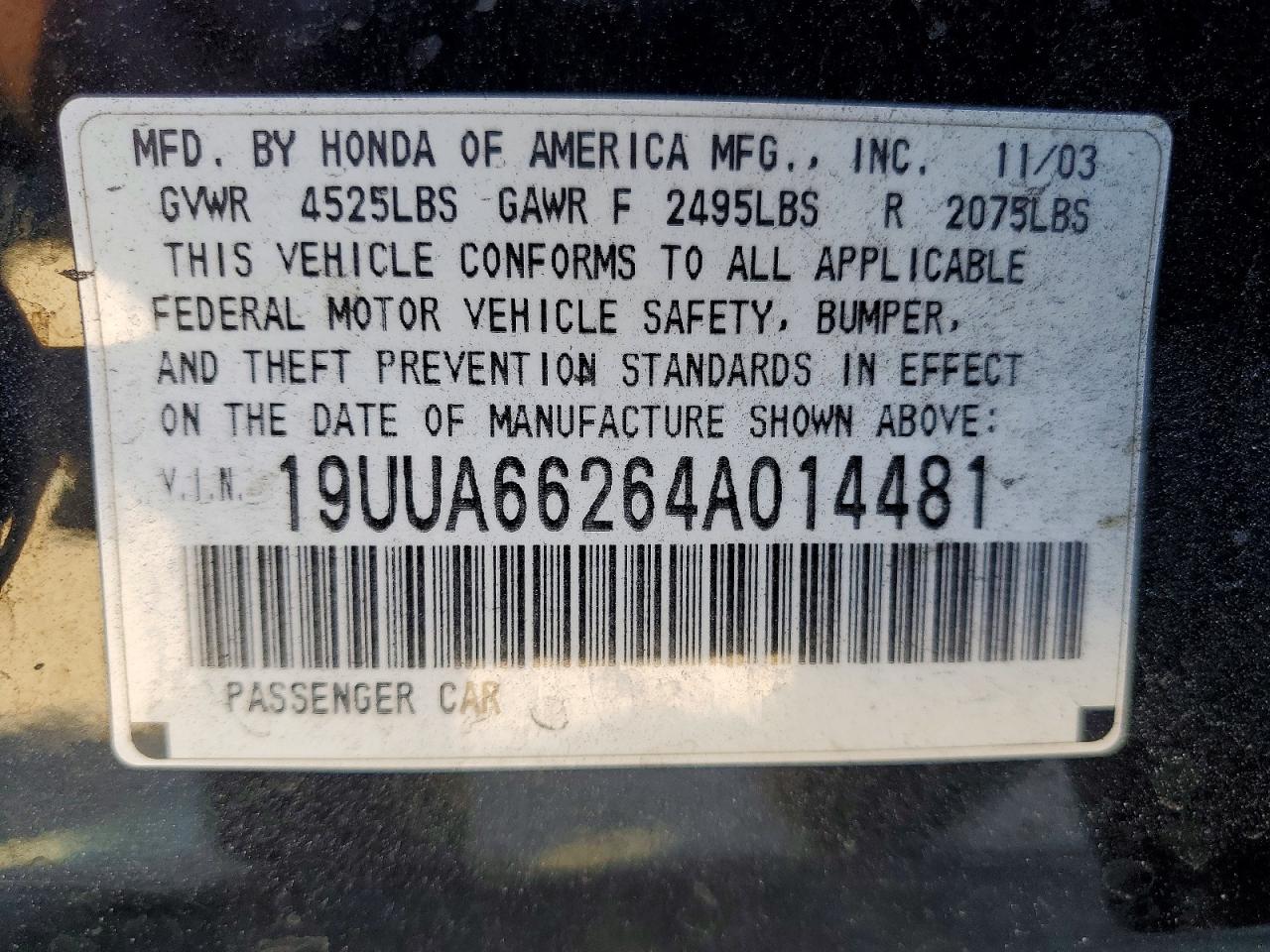 2004 Acura Tl Black vin: 19UUA66264A014481