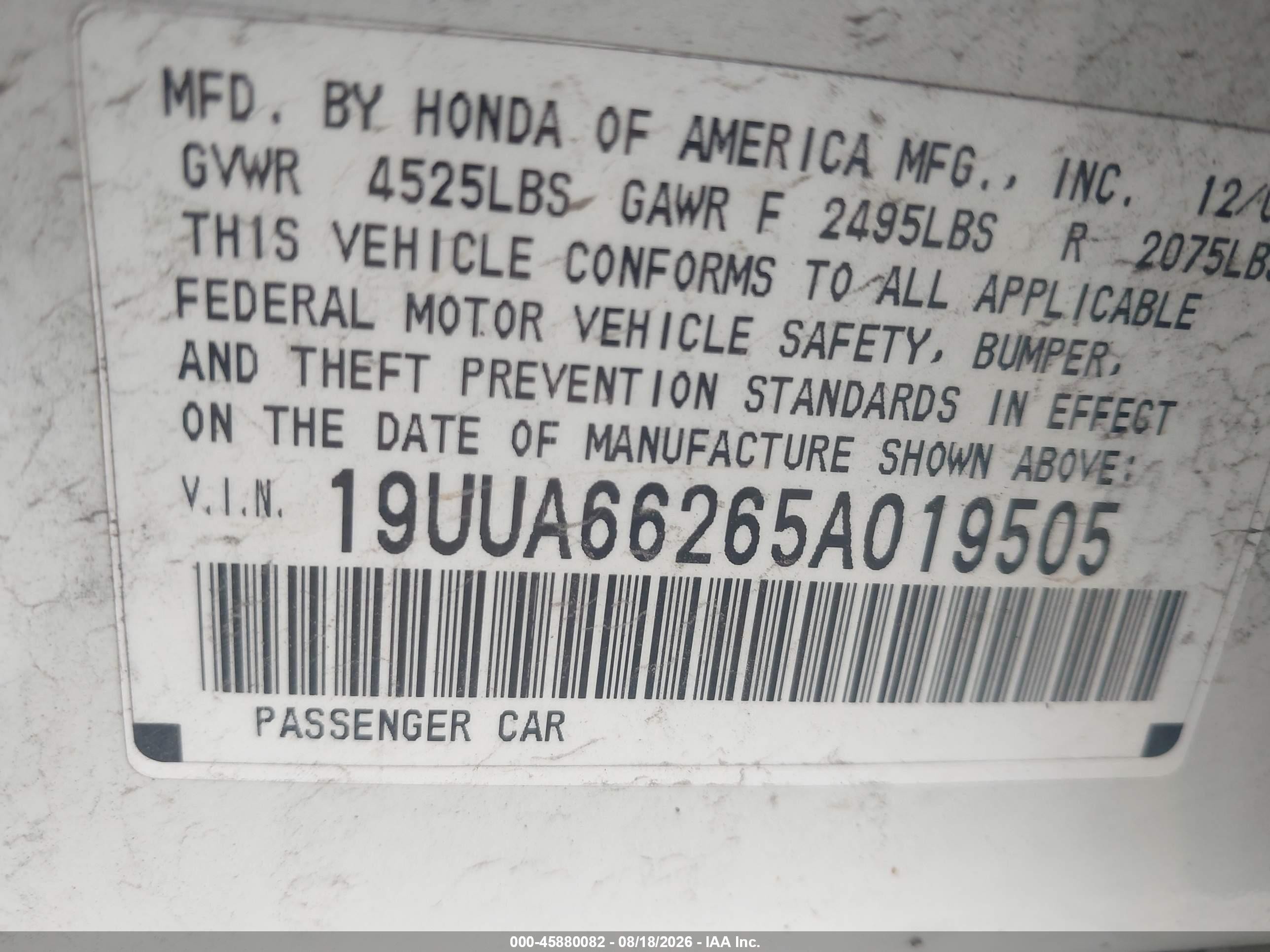 2005 Acura Tl   White vin: 19UUA66265A019505