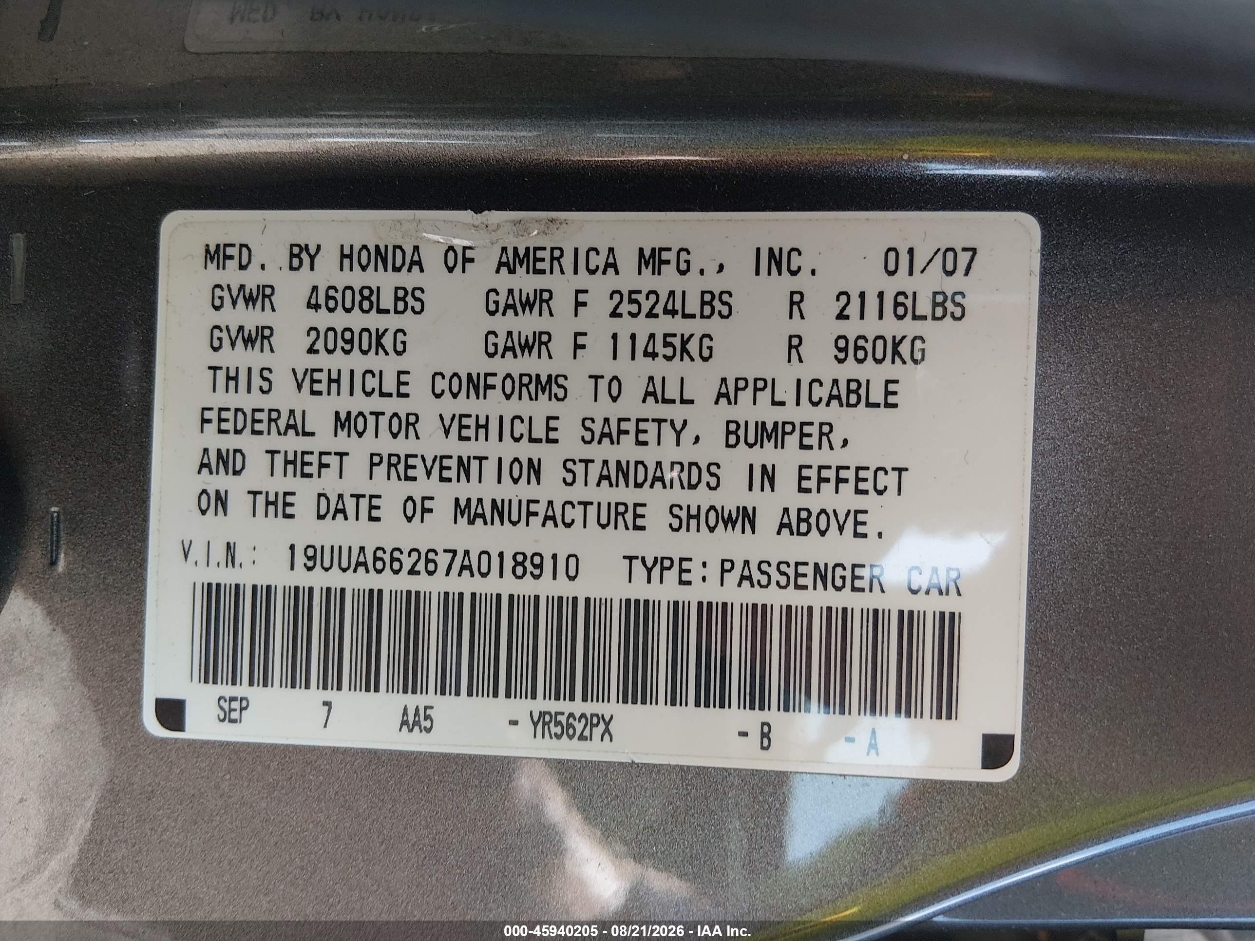 2007 Acura Tl 3.2 Gray vin: 19UUA66267A018910