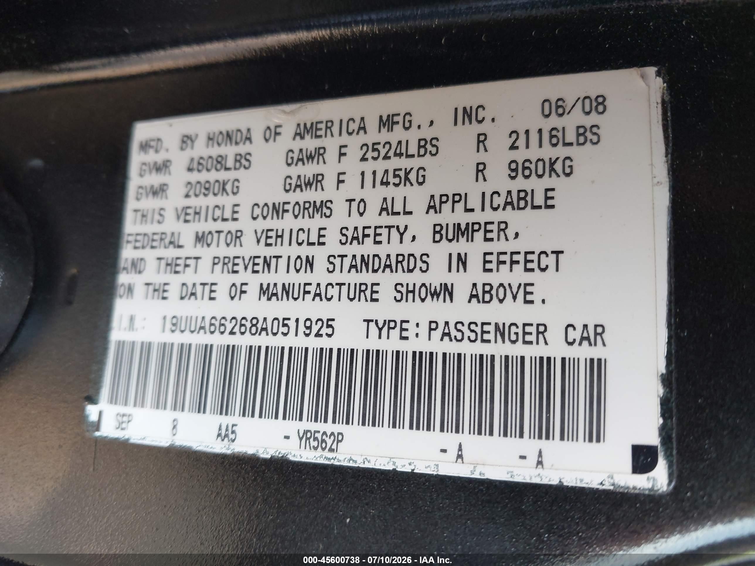 2008 Acura Tl 3.2 Black vin: 19UUA66268A051925