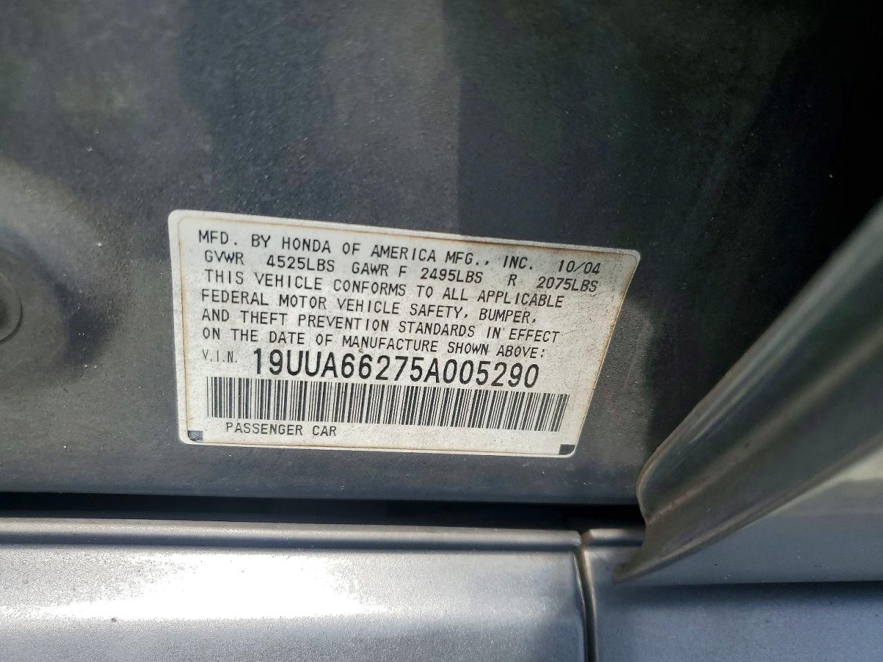 2005 Acura Tl Charcoal vin: 19UUA66275A005290