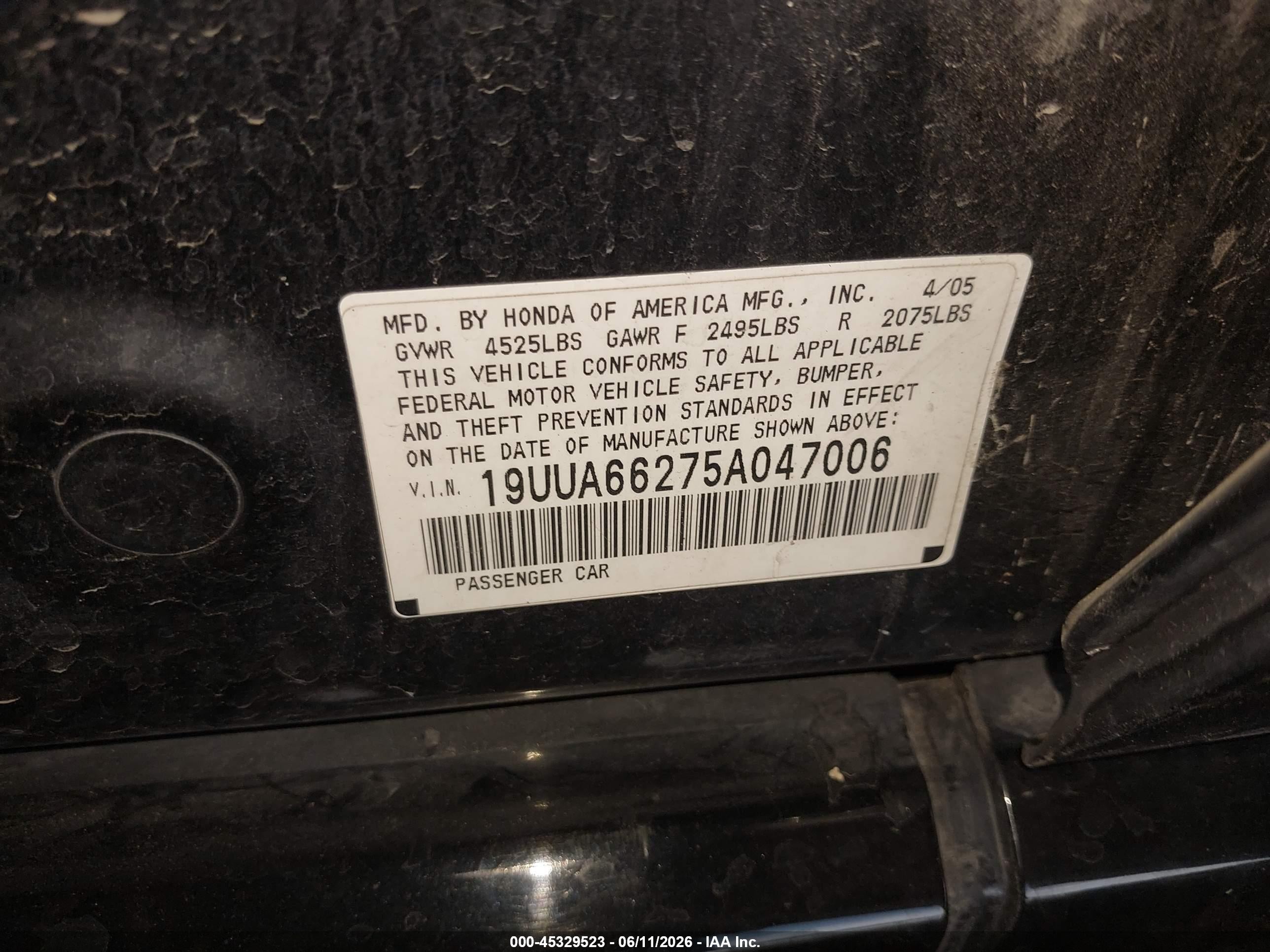 2005 Acura Tl   Black vin: 19UUA66275A047006