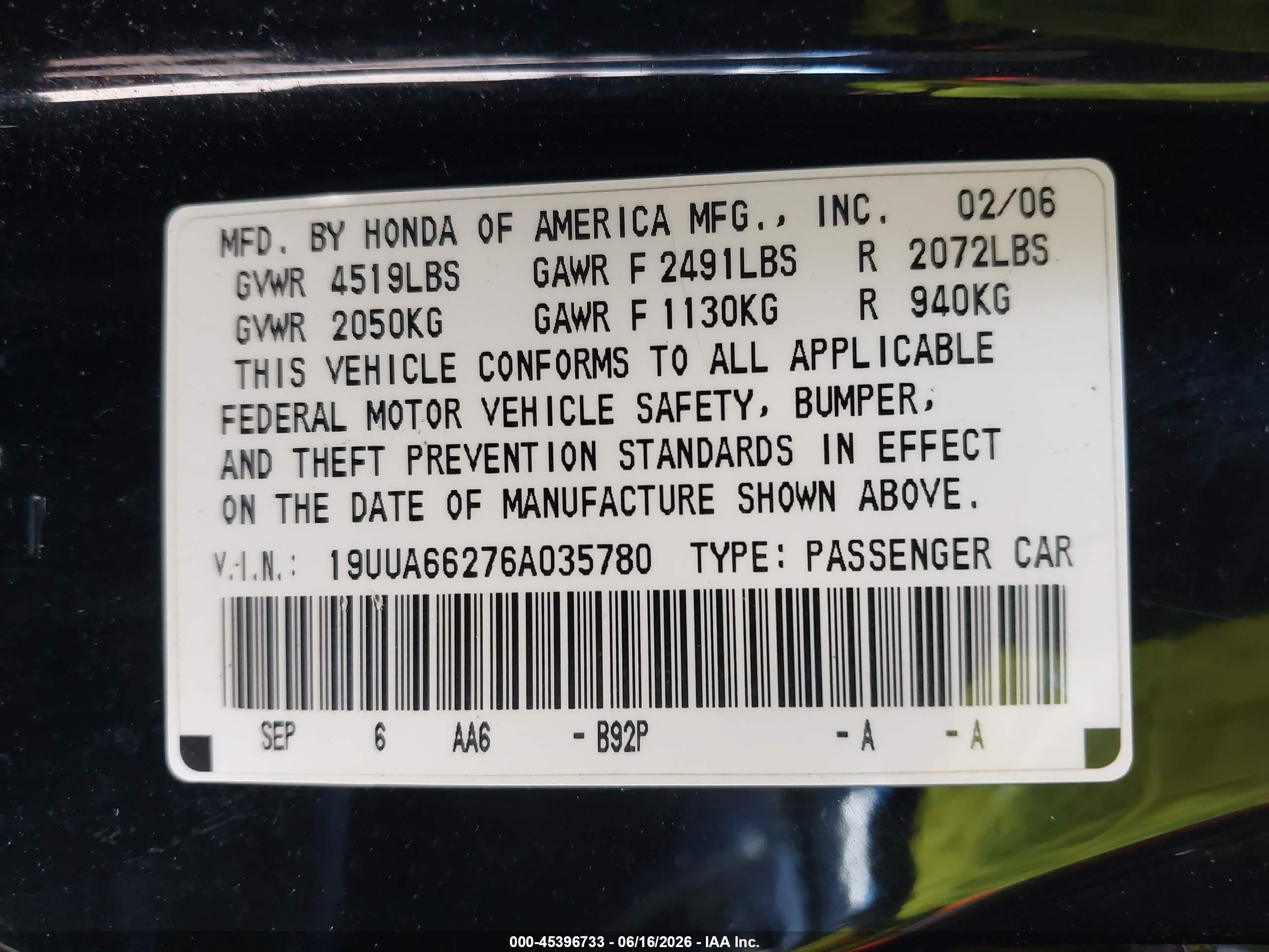 2006 Acura Tl Black vin: 19UUA66276A035780