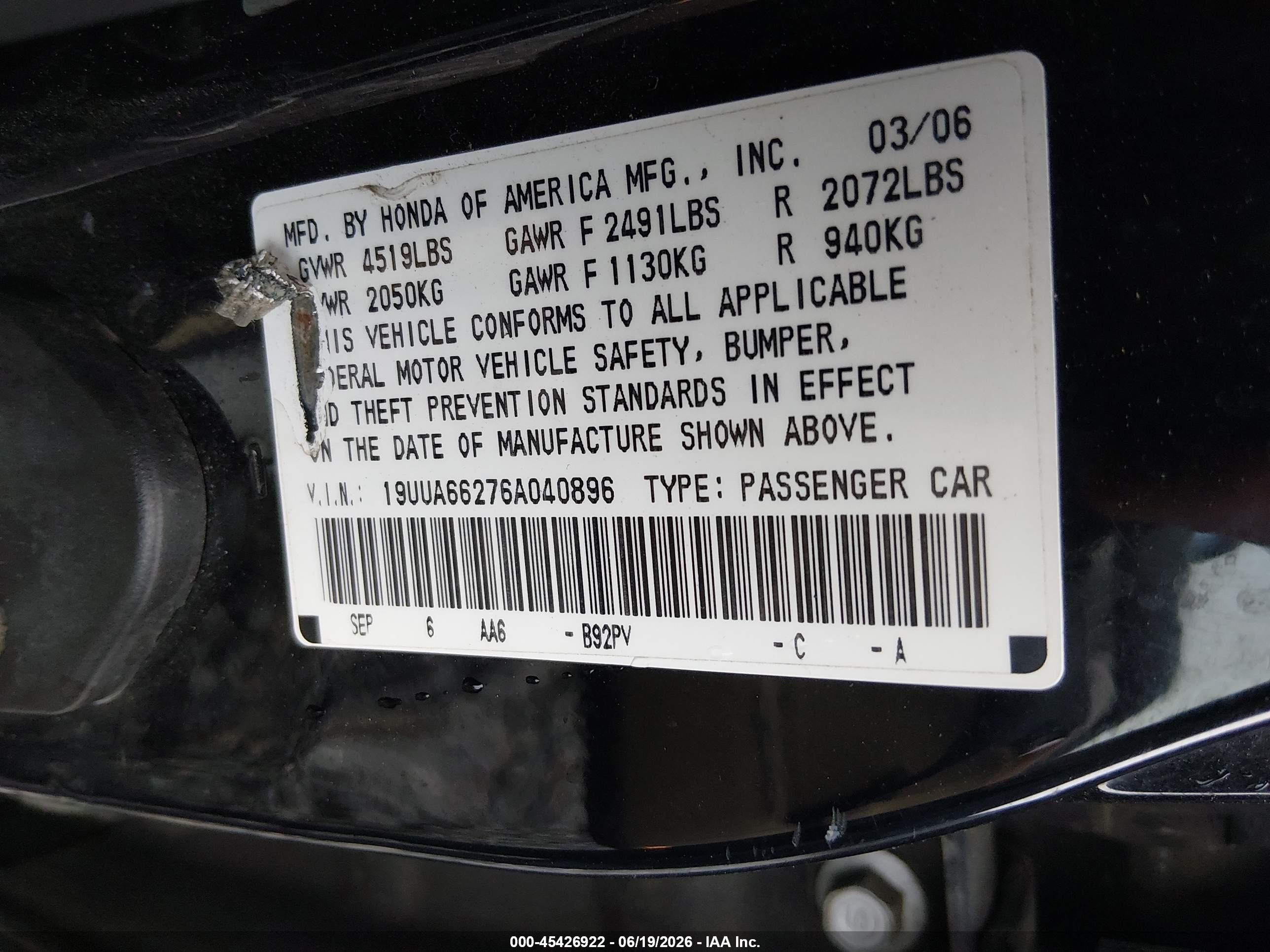 2006 Acura Tl   Black vin: 19UUA66276A040896
